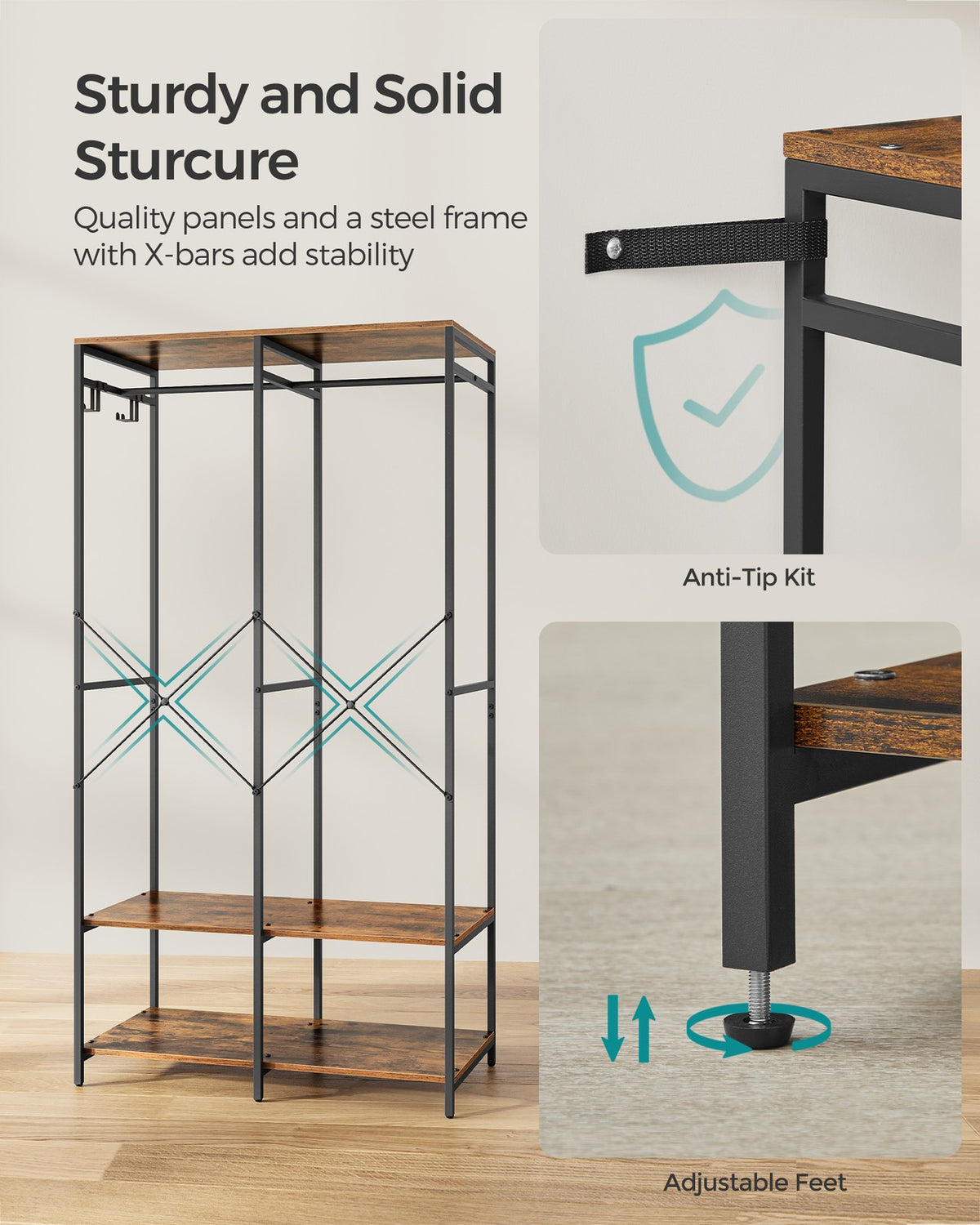 Iron and Wood Clothes Rack with Hanging Rods - Closet Shelves - Removable Hooks - Rustic Brown