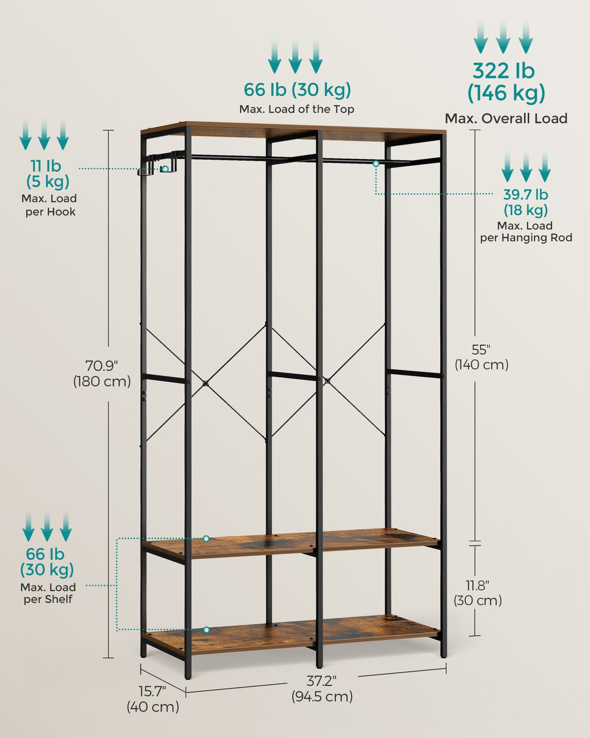 Iron and Wood Clothes Rack with Hanging Rods - Closet Shelves - Removable Hooks - Rustic Brown