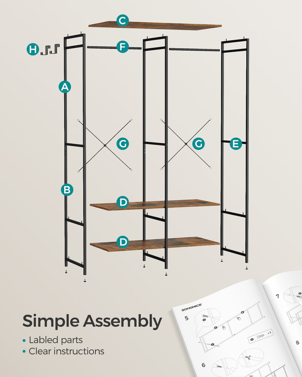 Iron and Wood Clothes Rack with Hanging Rods - Closet Shelves - Removable Hooks - Rustic Brown