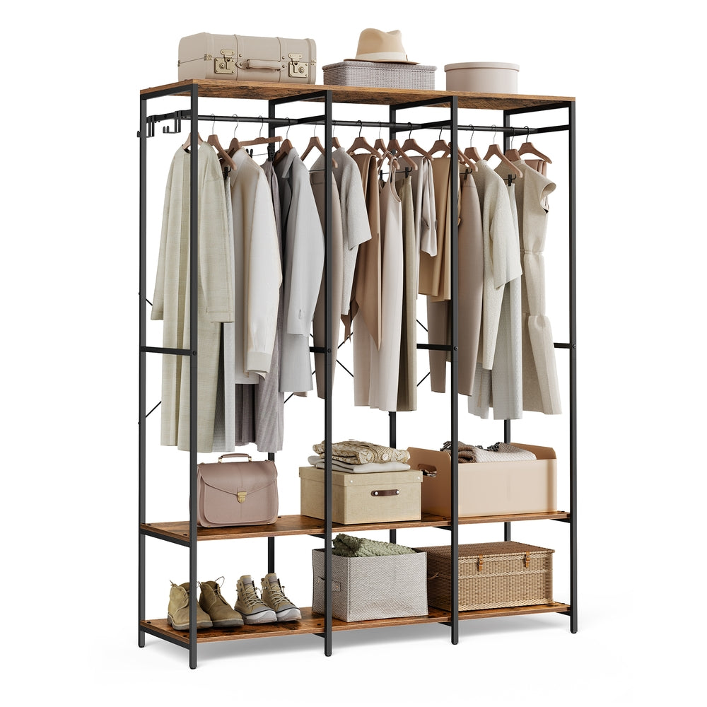 Iron and Wood Clothes Rack with Hanging Rods - Closet Shelves - Removable Hooks - Rustic Brown - 15.7"D x 55.5"W x 70.9"H
