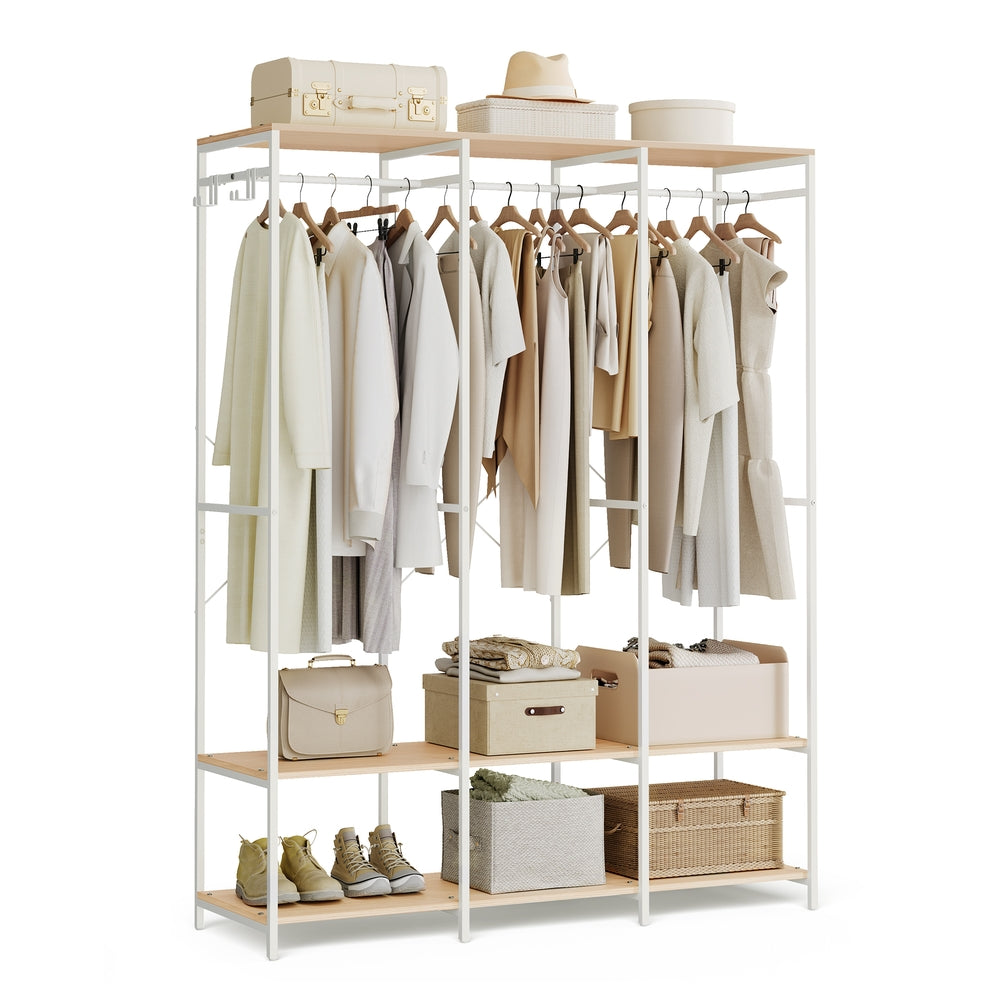 Iron and Wood Clothes Rack with Hanging Rods - Closet Shelves - Removable Hooks - Natural Beige - 15.7"D x 55.5"W x 70.9"H