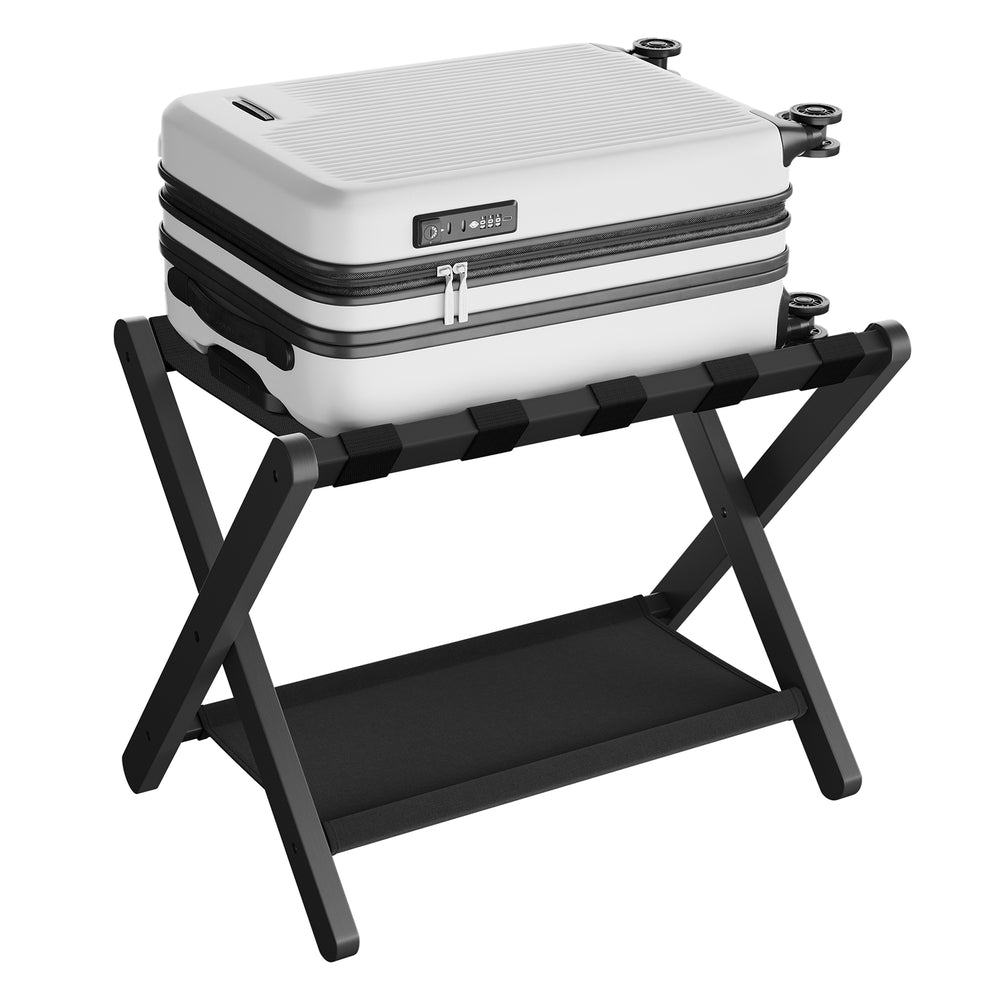 Folding Suitcase Stand with Storage Shelf - Classic Black