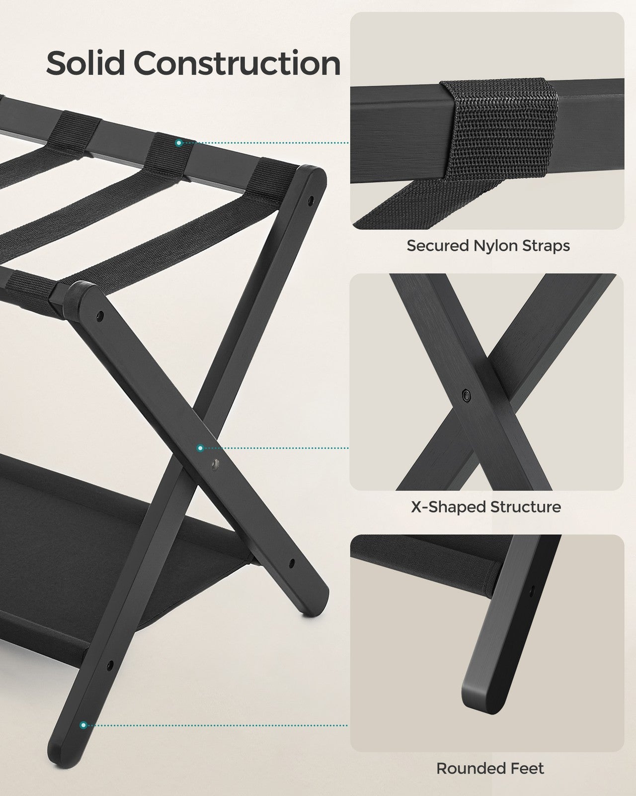 Folding Suitcase Stand with Storage Shelf - Classic Black