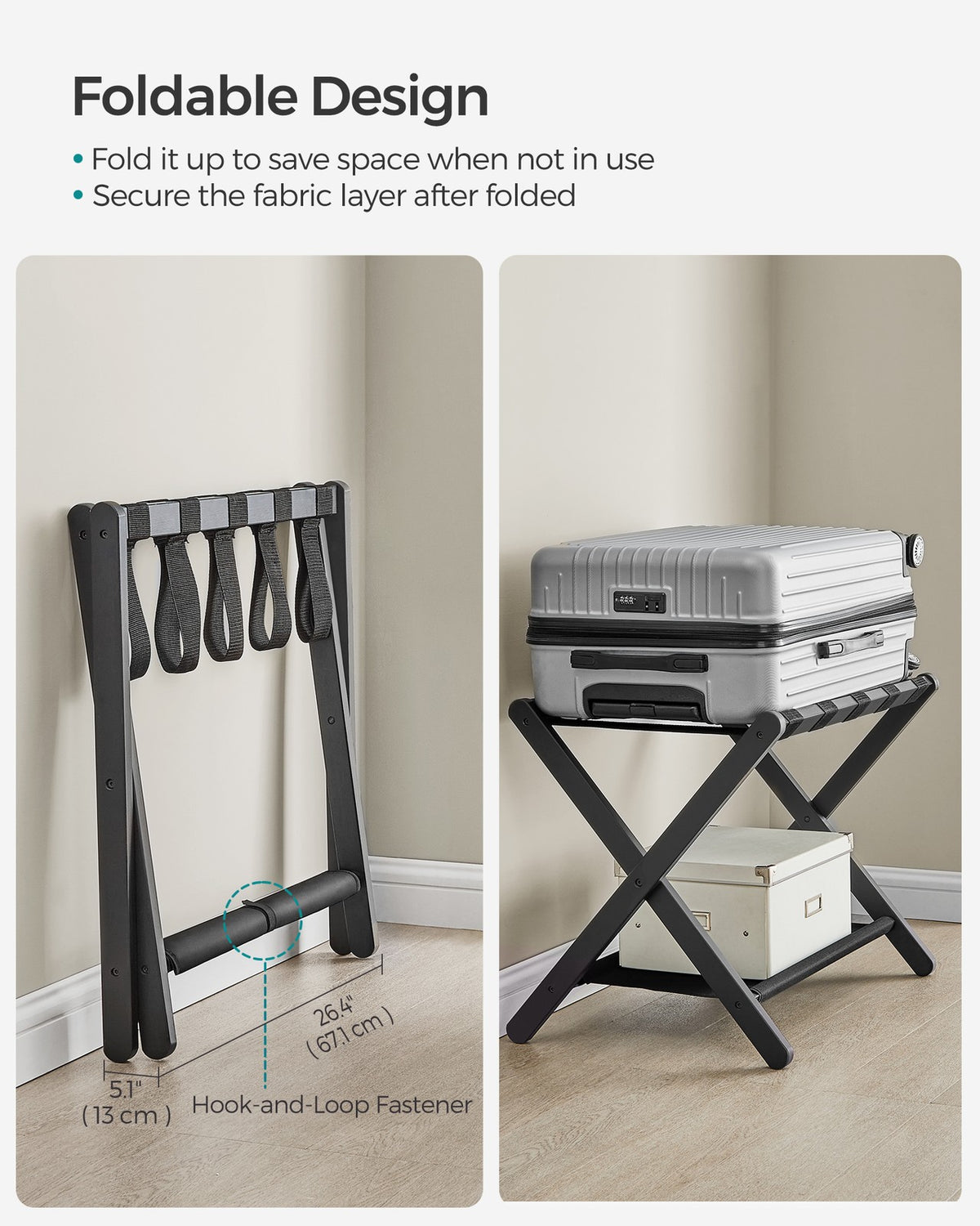 Folding Suitcase Stand with Storage Shelf - Classic Black