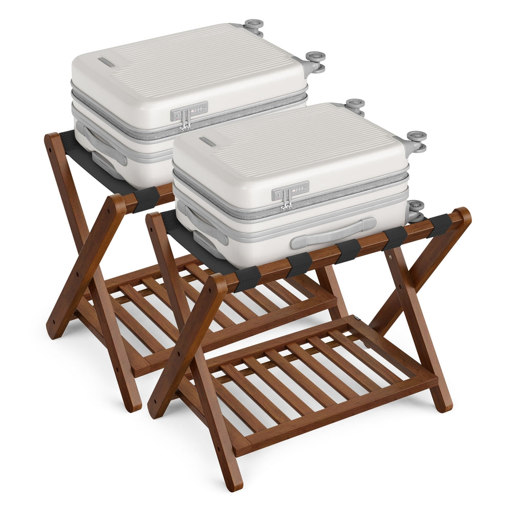 Solid Wood Luggage Racks - Set of 2 - No Assembly Required - Foldable Suitcase Stand - Luggage Holder - with Storage Shelf - for Guest Room - Hotel - Bedroom - Coffee Brown