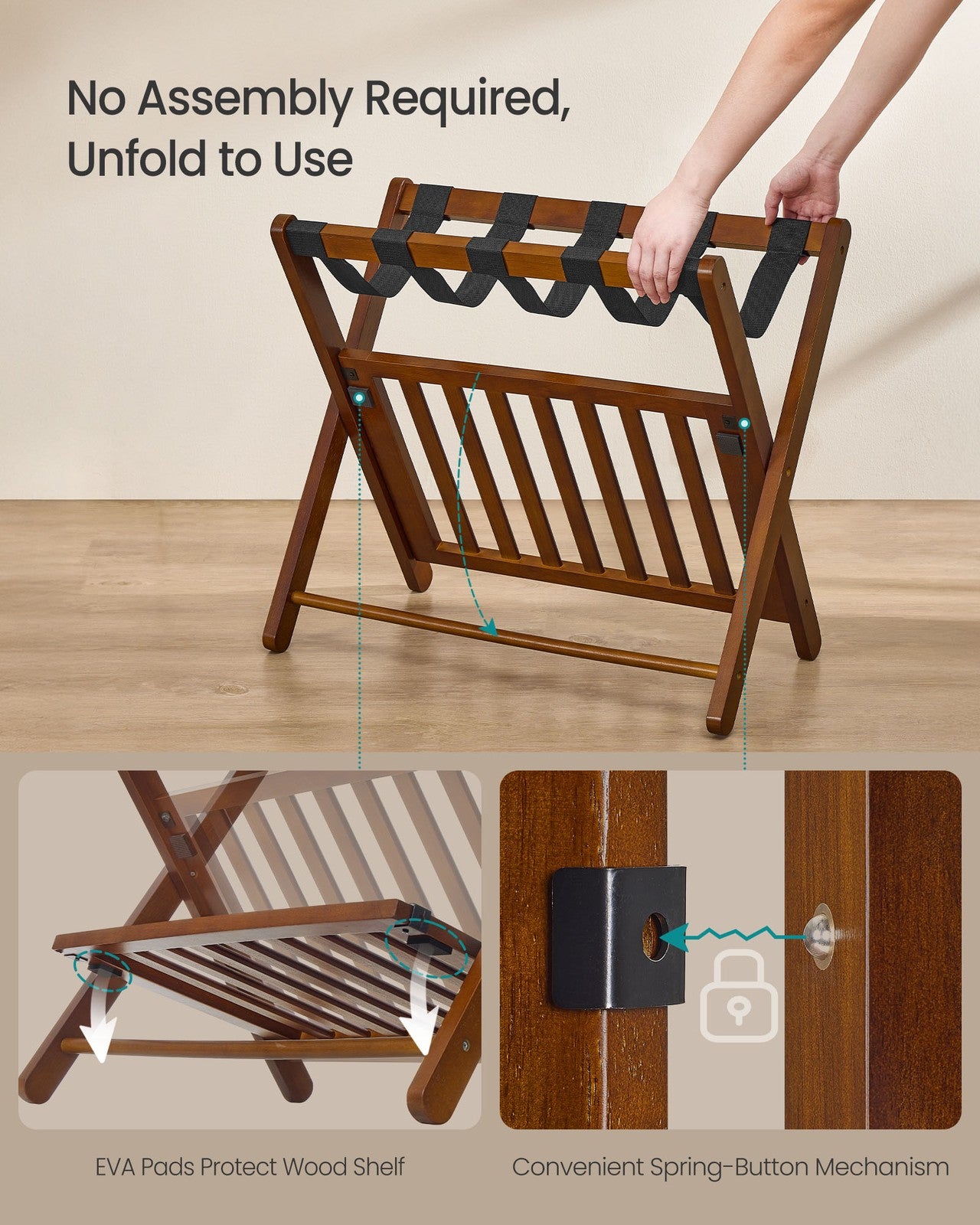 Solid Wood Luggage Racks - Set of 2 - No Assembly Required - Foldable Suitcase Stand - Luggage Holder - with Storage Shelf - for Guest Room - Hotel - Bedroom - Coffee Brown
