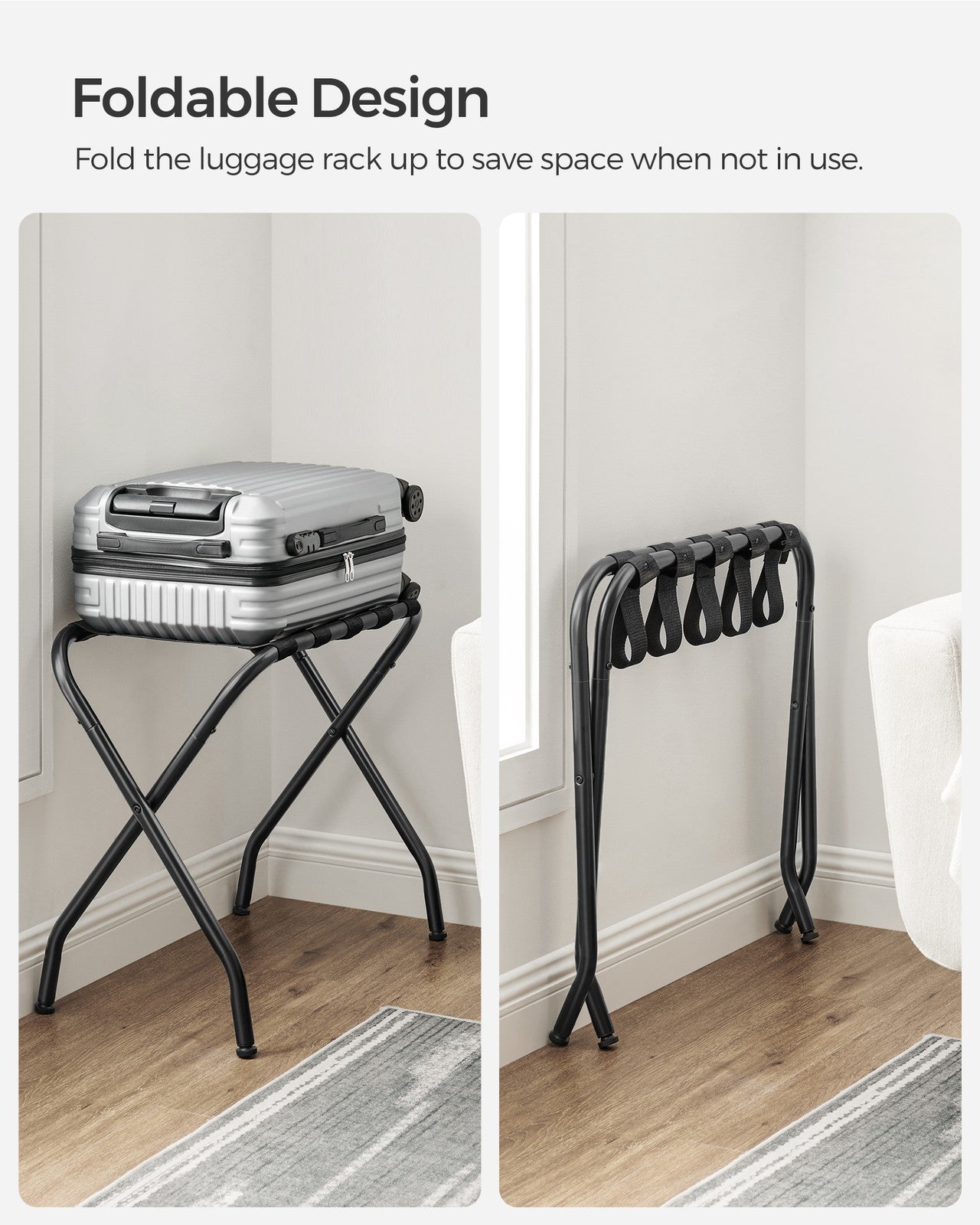 Pack of 2 Black Metal Folding Luggage Rack - Black
