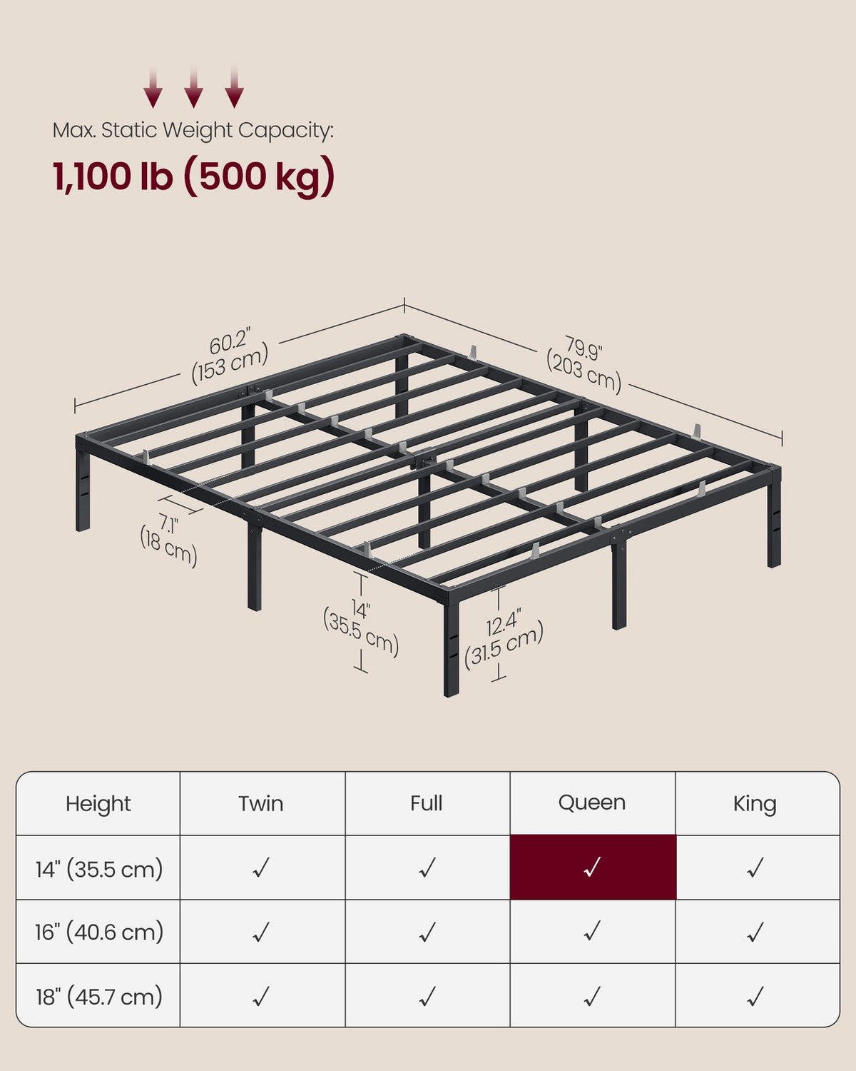 Queen Metal Bed Frame 14 Inches Tall - Matte Black
