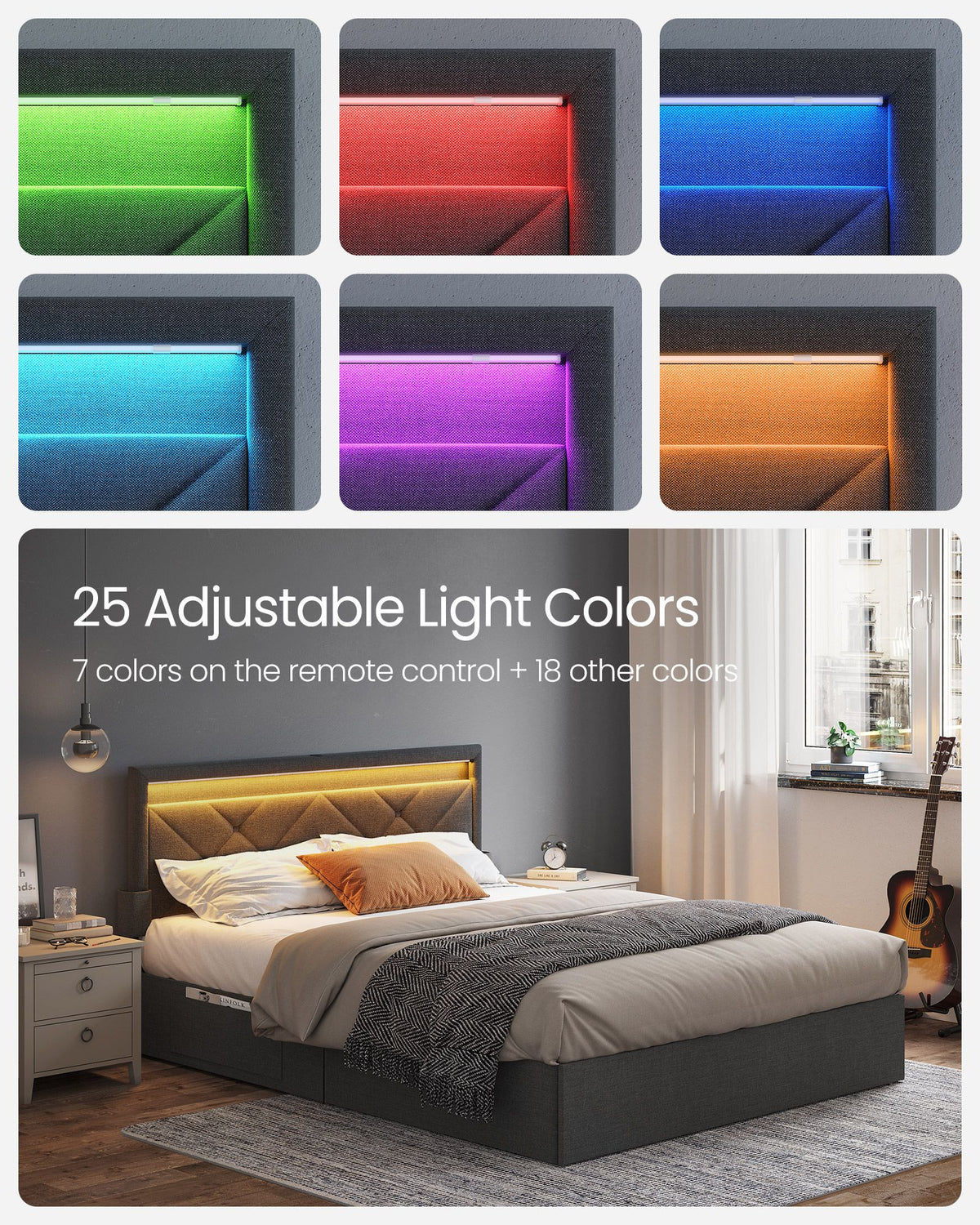 LED Bed Frame - Queen Size - Headboard and 4 Drawers