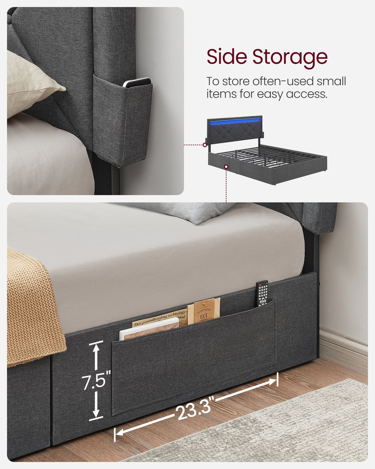 LED Bed Frame - Queen Size - Headboard and 4 Drawers