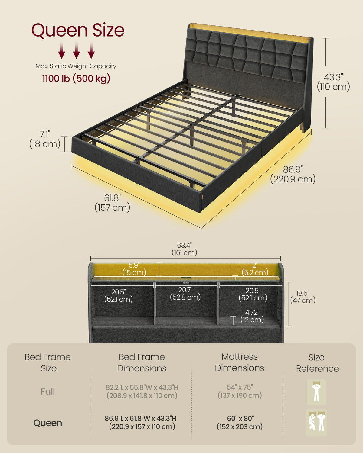 Queen-Size Floating Bed Frame - LED Lights