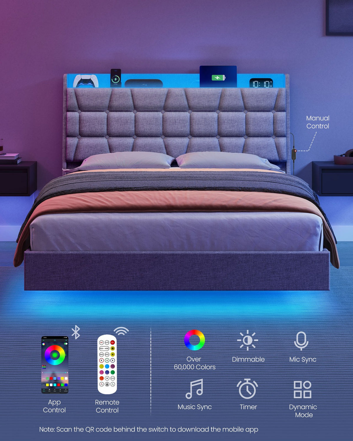 Full-Size Floating Bed Frame - LED Lights