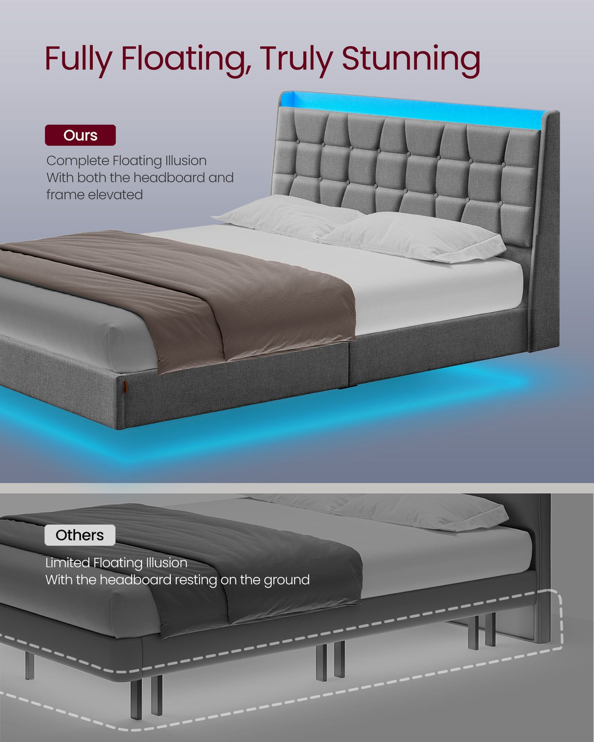 Full-Size Floating Bed Frame - LED Lights