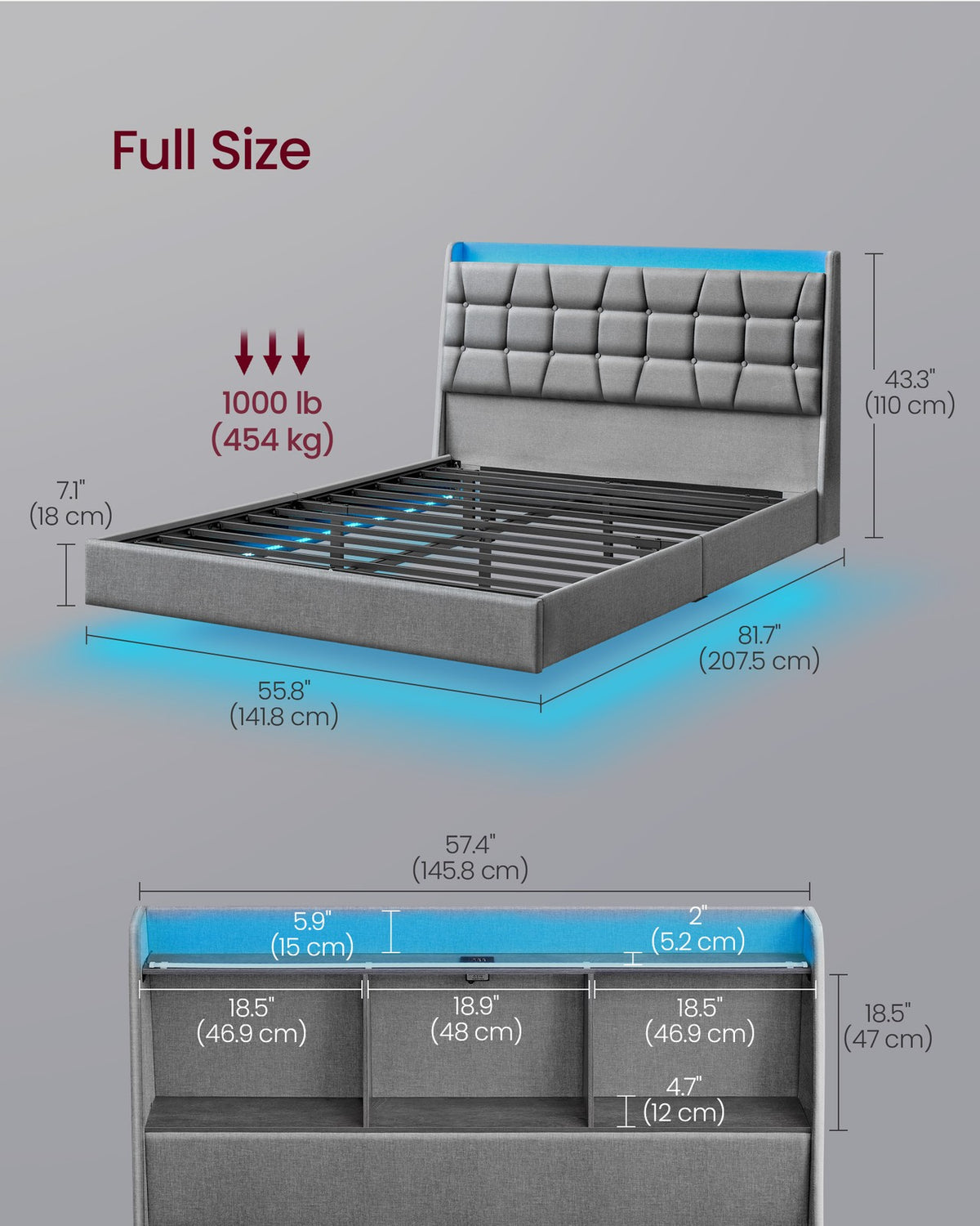 Full-Size Floating Bed Frame - LED Lights