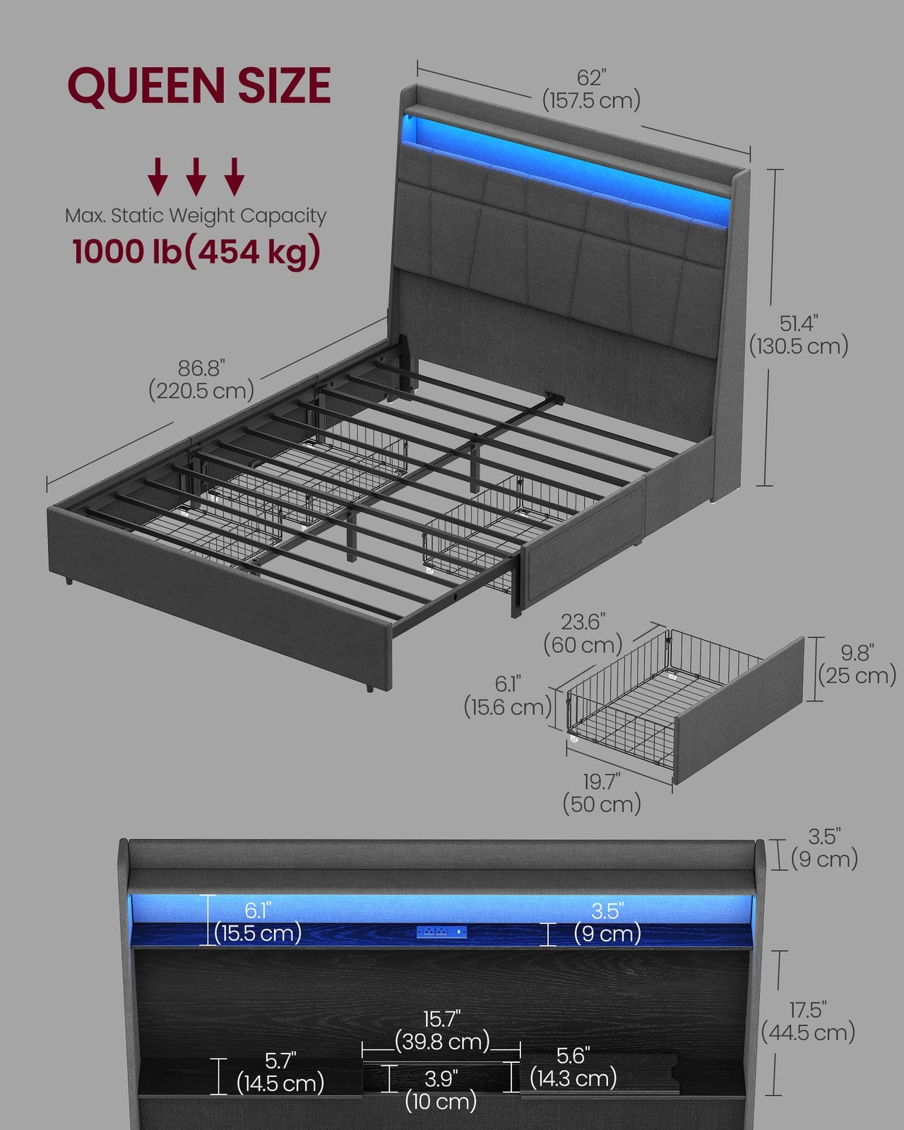 Queen Bed Frame with 51.4-Inch Tall Storage Headboard