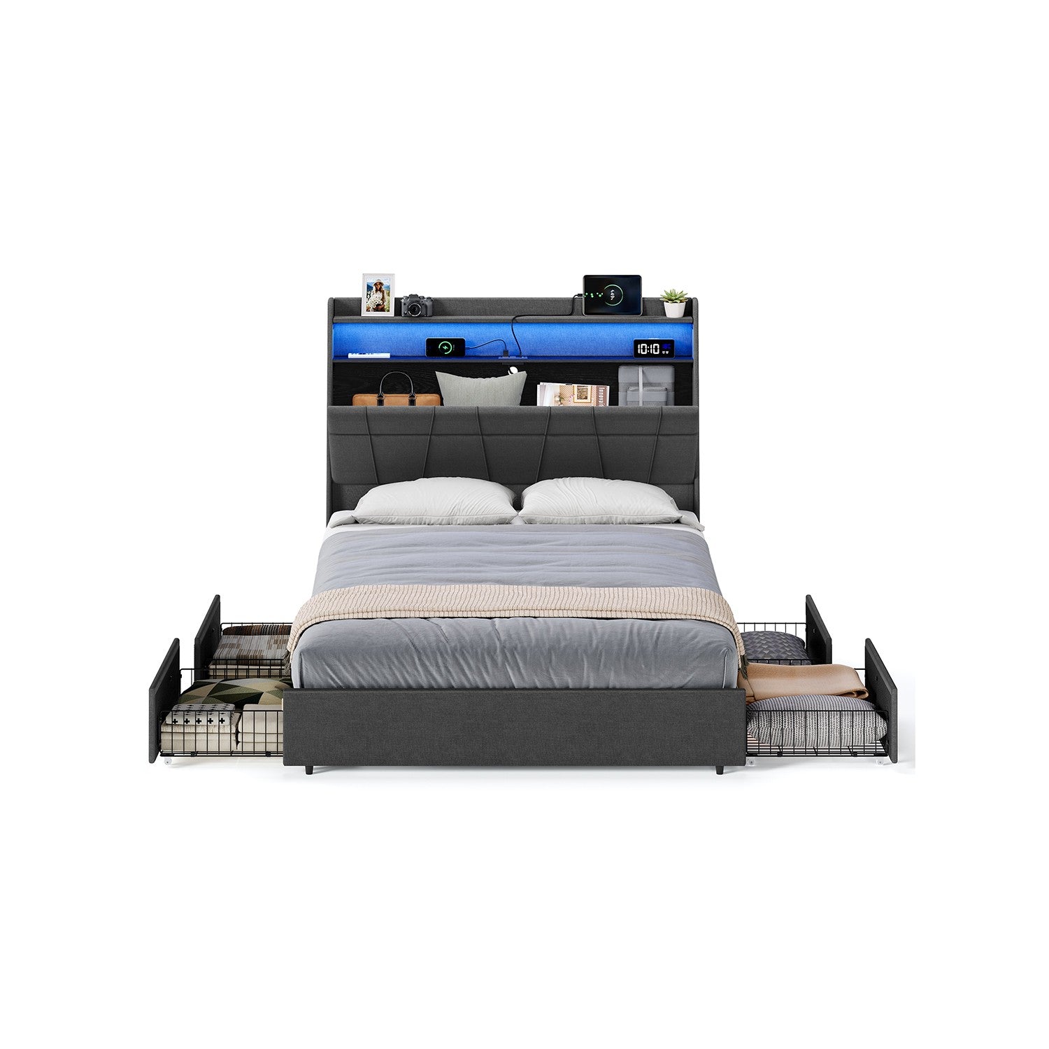 Queen Bed Frame with 51.4-Inch Tall Storage Headboard