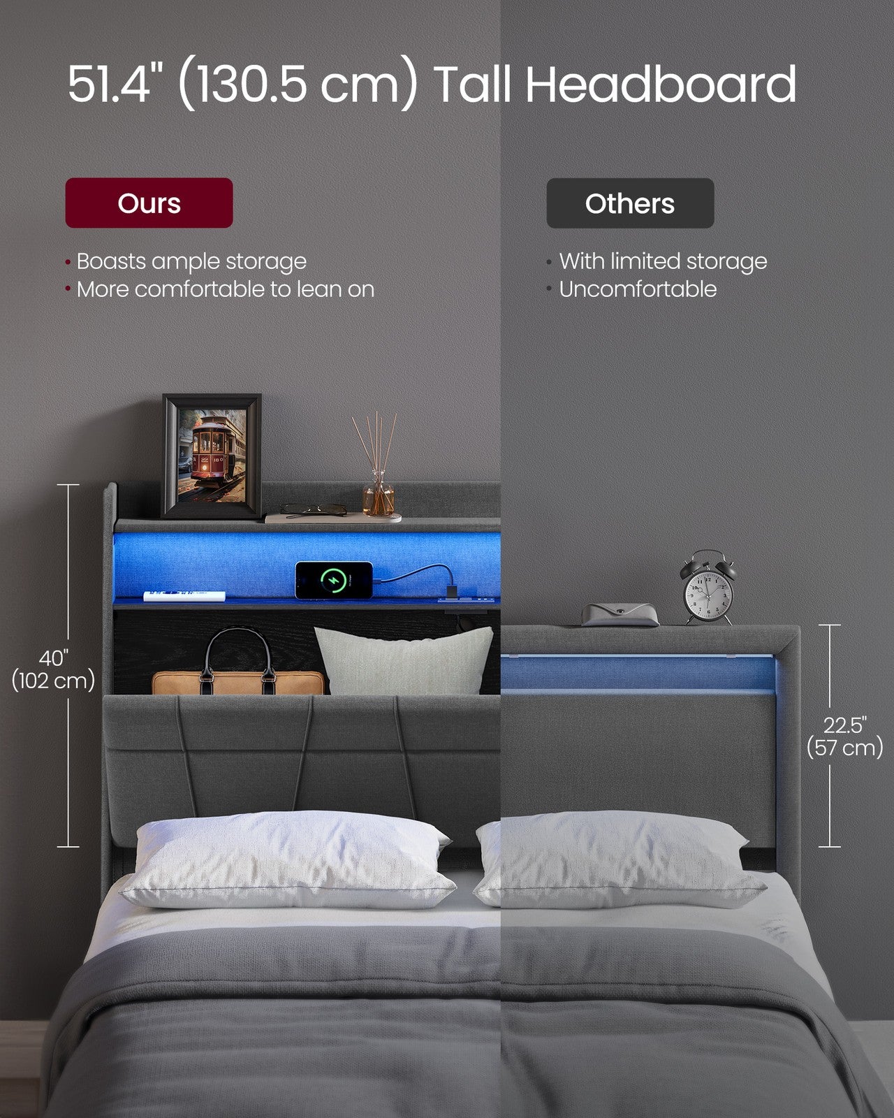 Queen Bed Frame with 51.4-Inch Tall Storage Headboard
