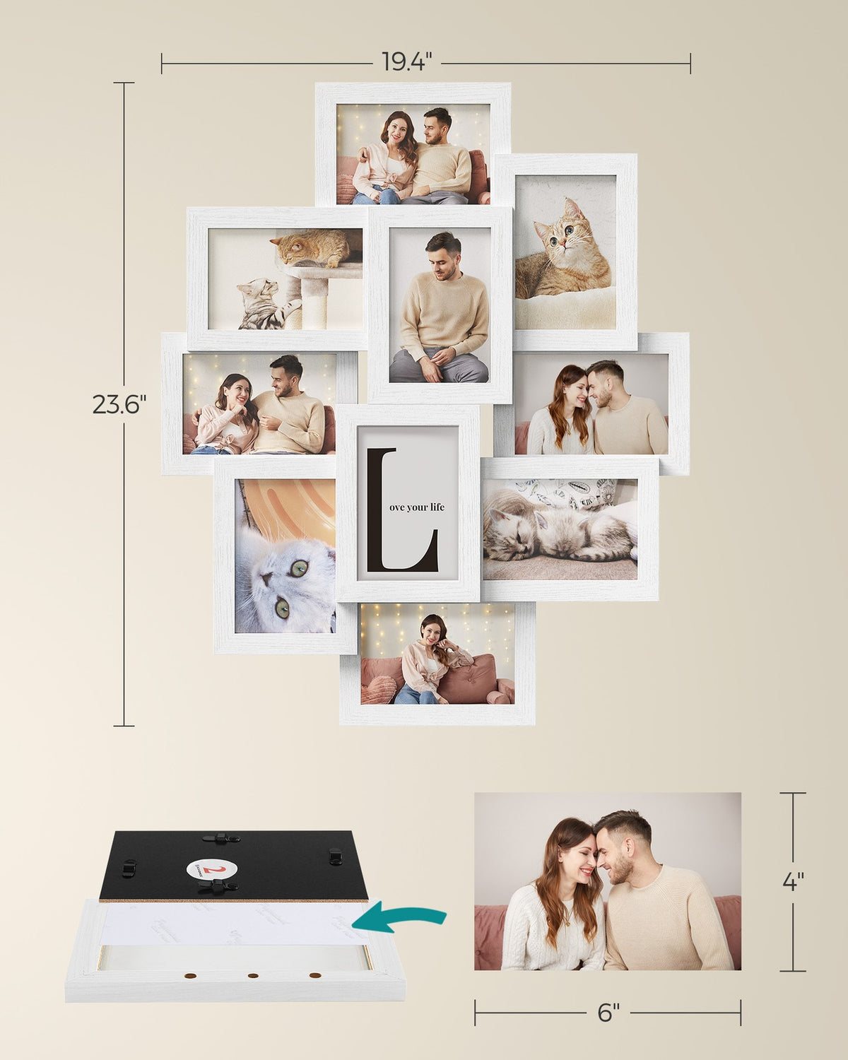 Picture Frame Collage - 4x6-Inch - Holds 10 Photos - For Wall Decor