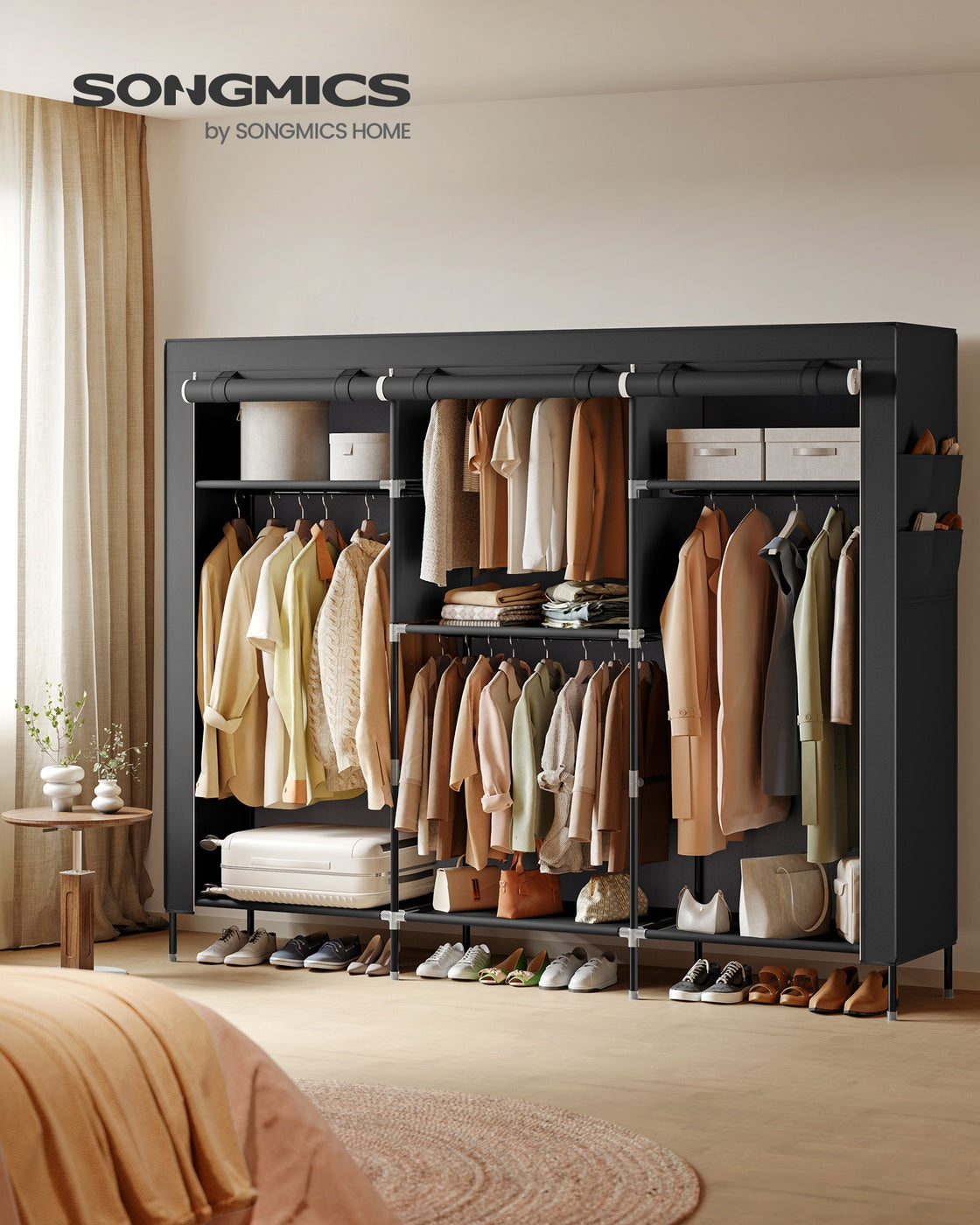 Portable Closet - Fabric Wardrobe - 4 Hanging Rods - 74.4 x 17.7 x 70.9 Inches - Black - Black