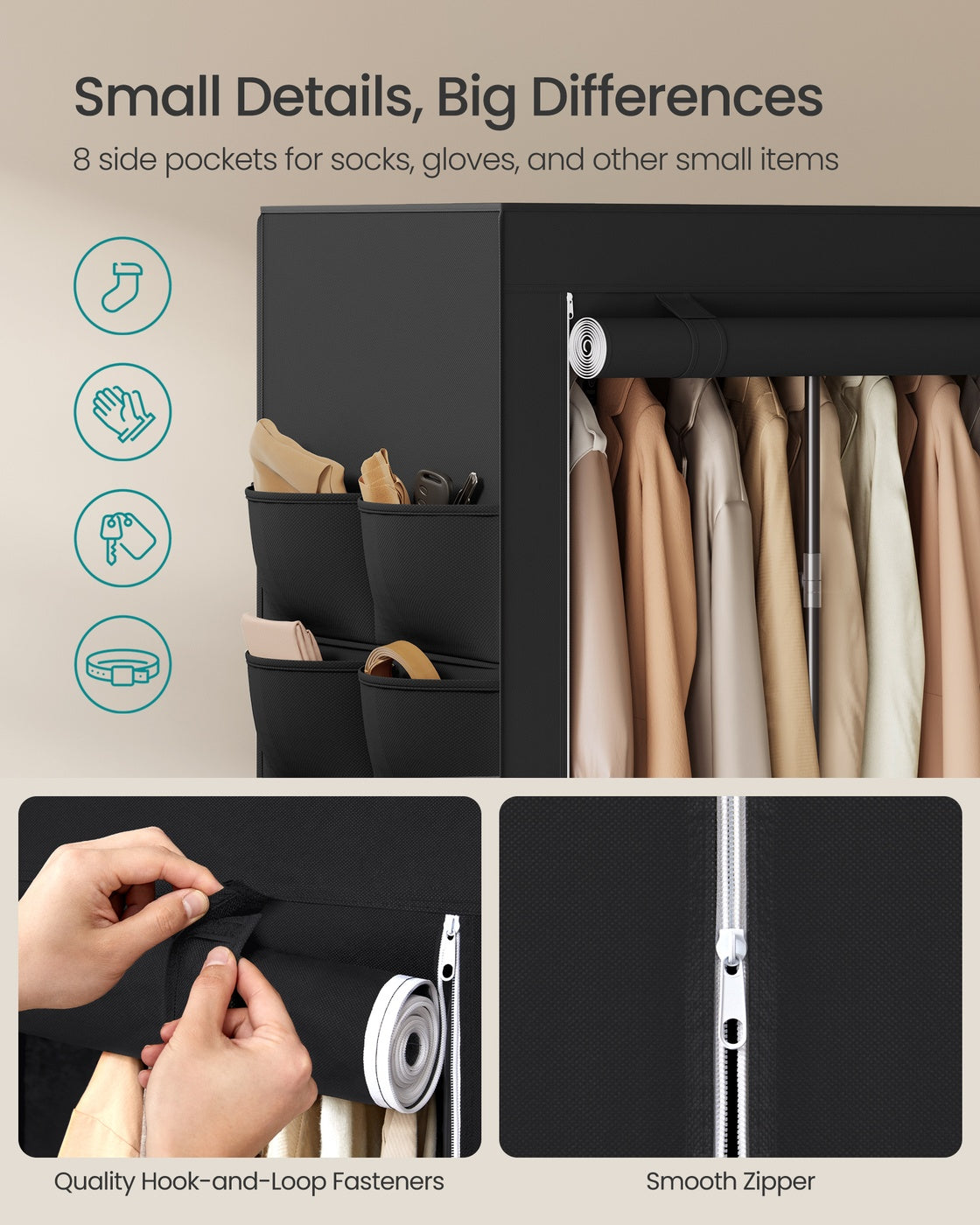 Portable Closet - Fabric Wardrobe - 4 Hanging Rods - 74.4 x 17.7 x 70.9 Inches - Black - Black