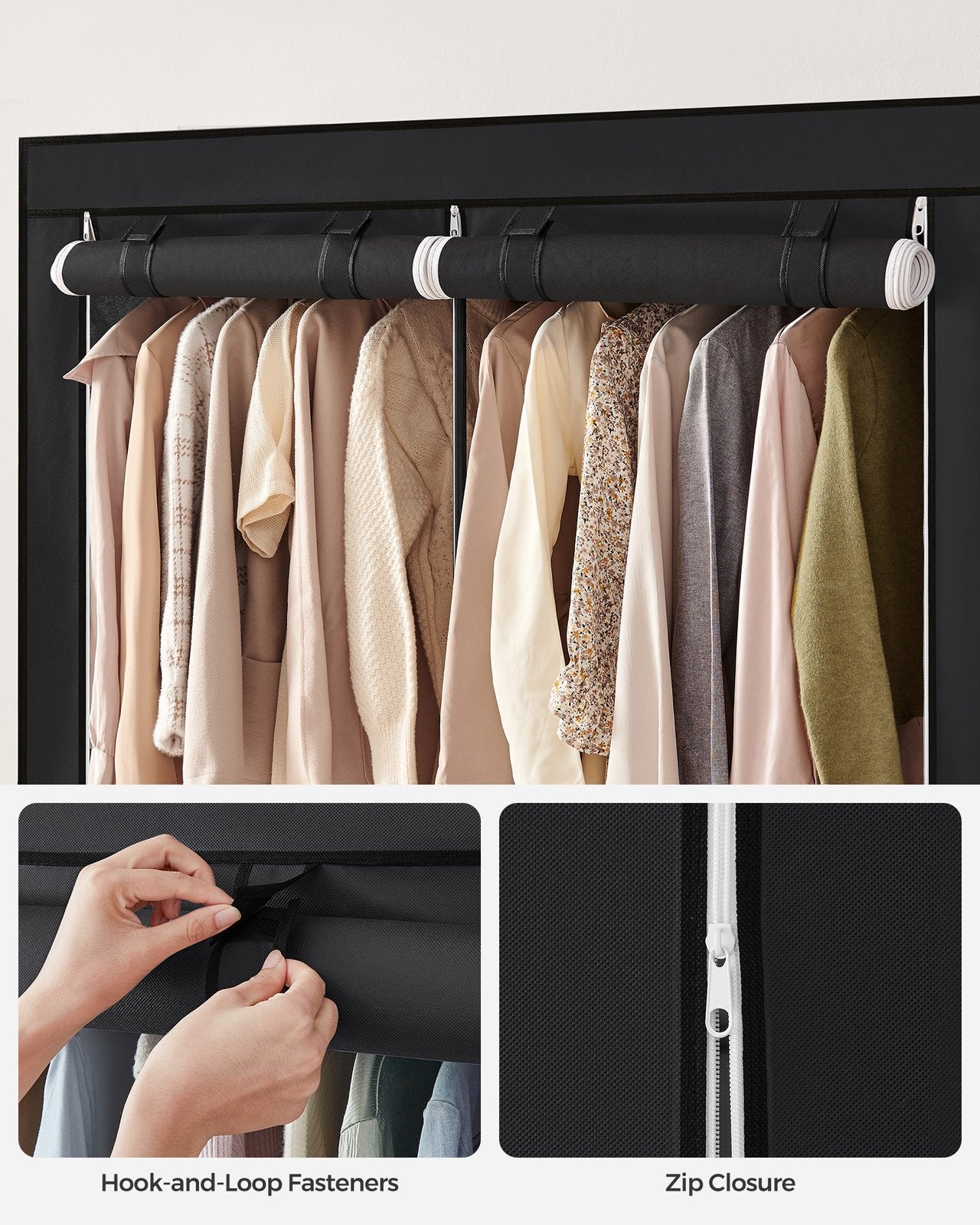 Closet Wardrobe with Non-Woven Fabric Cover - Black