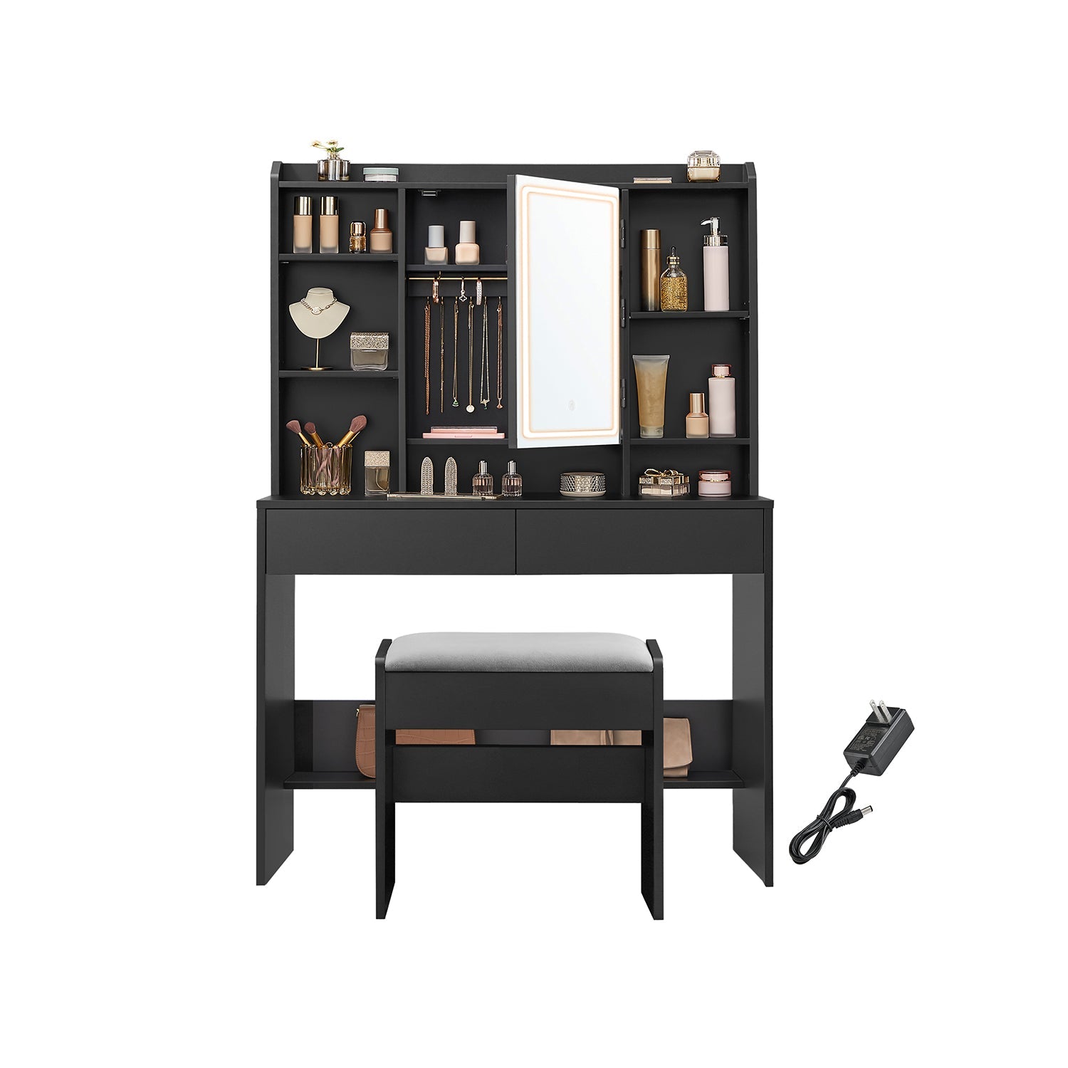 Vanity Table, Lighted Mirror, Stool, Adjustable LED, Storage, Jewelry Shelves