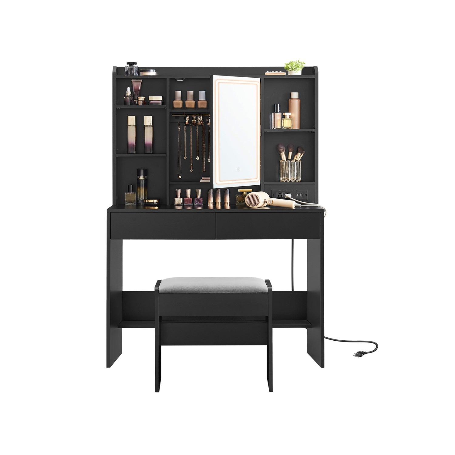 Vanity Table, Lighted Mirror, Stool, Adjustable LED, Storage, Jewelry Shelves