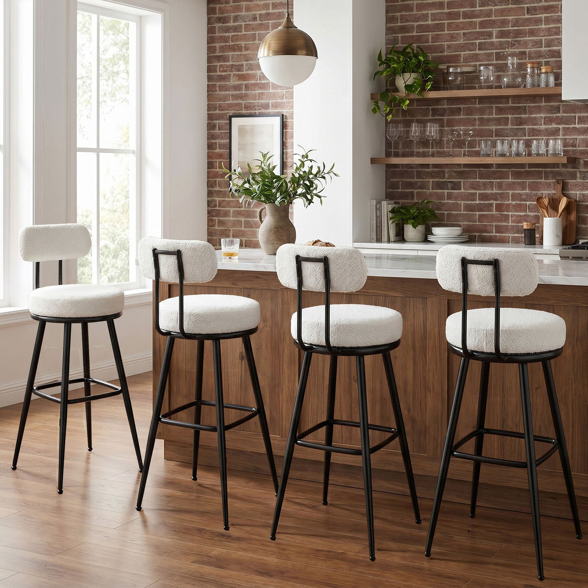 Bar Stools - 360° Swivel - Boucle Fabric - Set of 4
