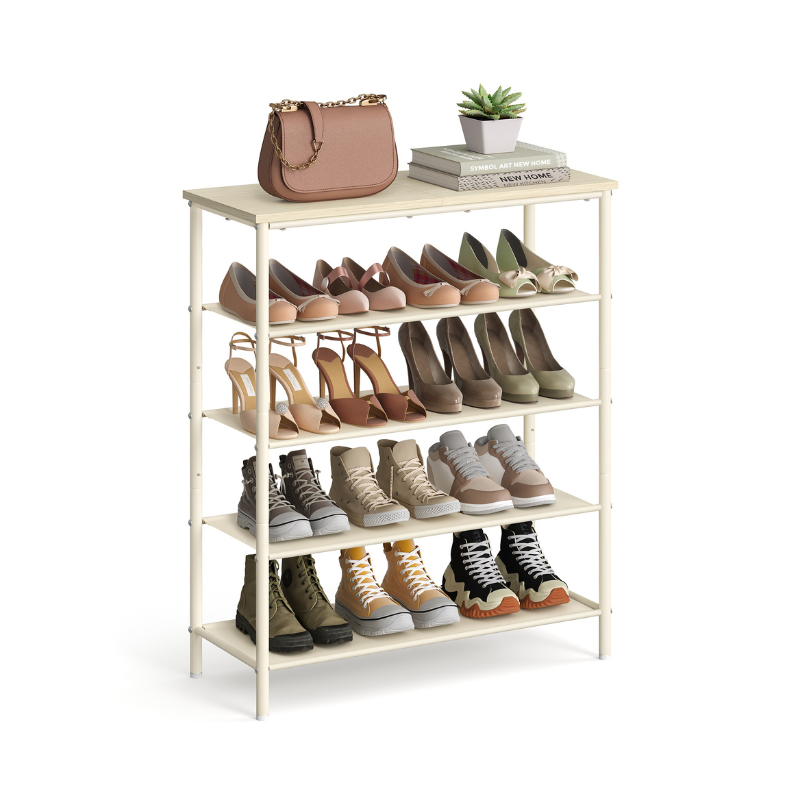 5 Tier Shoe Storage Rack for 12-16 Pairs of Shoes - Natural Beige, Pearl White