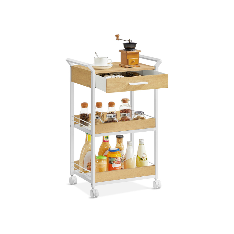 Storage Cart - 3-Tier Rolling - Rustic Brown and Black - Golden Oak, Cloud White - 11.8"D x 18.2"W x 27.8"H