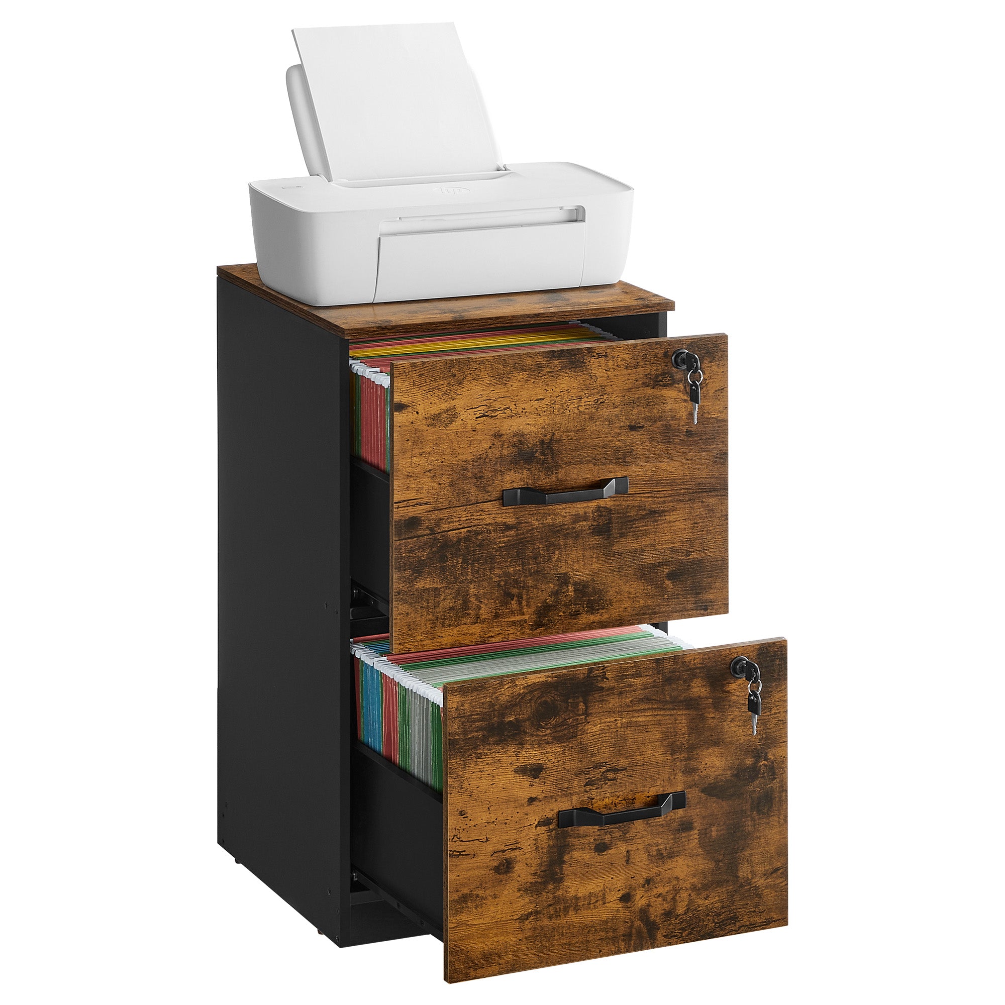 2 Drawers File Cabinet with Lock - Printer Stand - Rustic Brown and Ink Black - Rustic Brown, Black