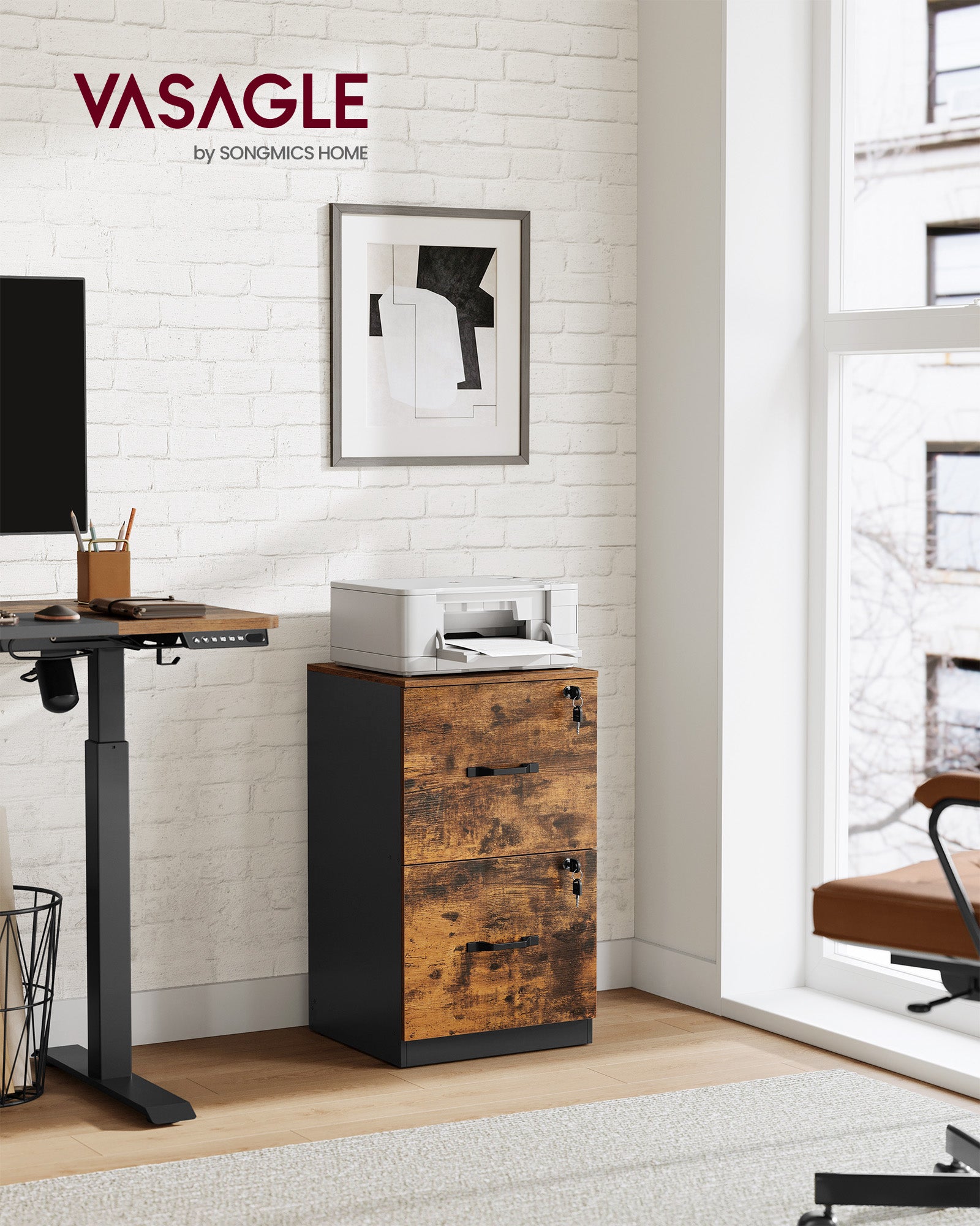 2 Drawers File Cabinet with Lock - Printer Stand - Rustic Brown and Ink Black - Rustic Brown, Black