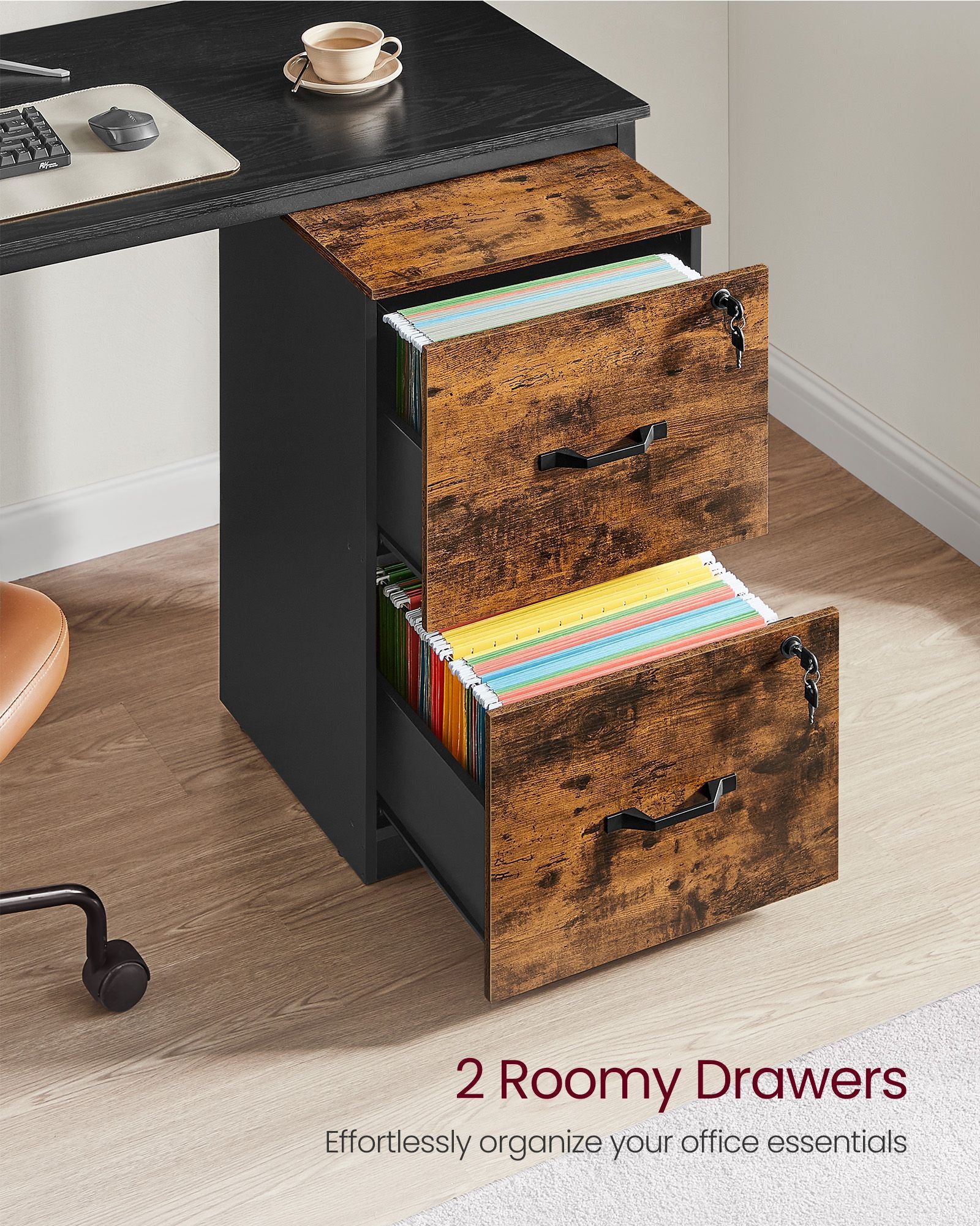 2 Drawers File Cabinet with Lock - Printer Stand - Rustic Brown and Ink Black - Rustic Brown, Black
