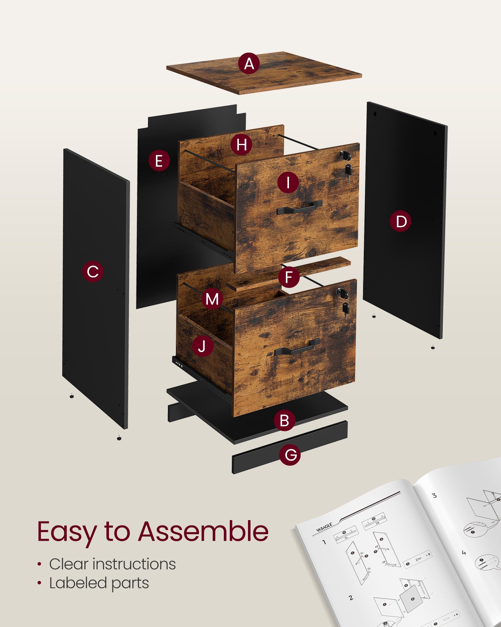2 Drawers File Cabinet with Lock - Printer Stand - Rustic Brown and Ink Black - Rustic Brown, Black