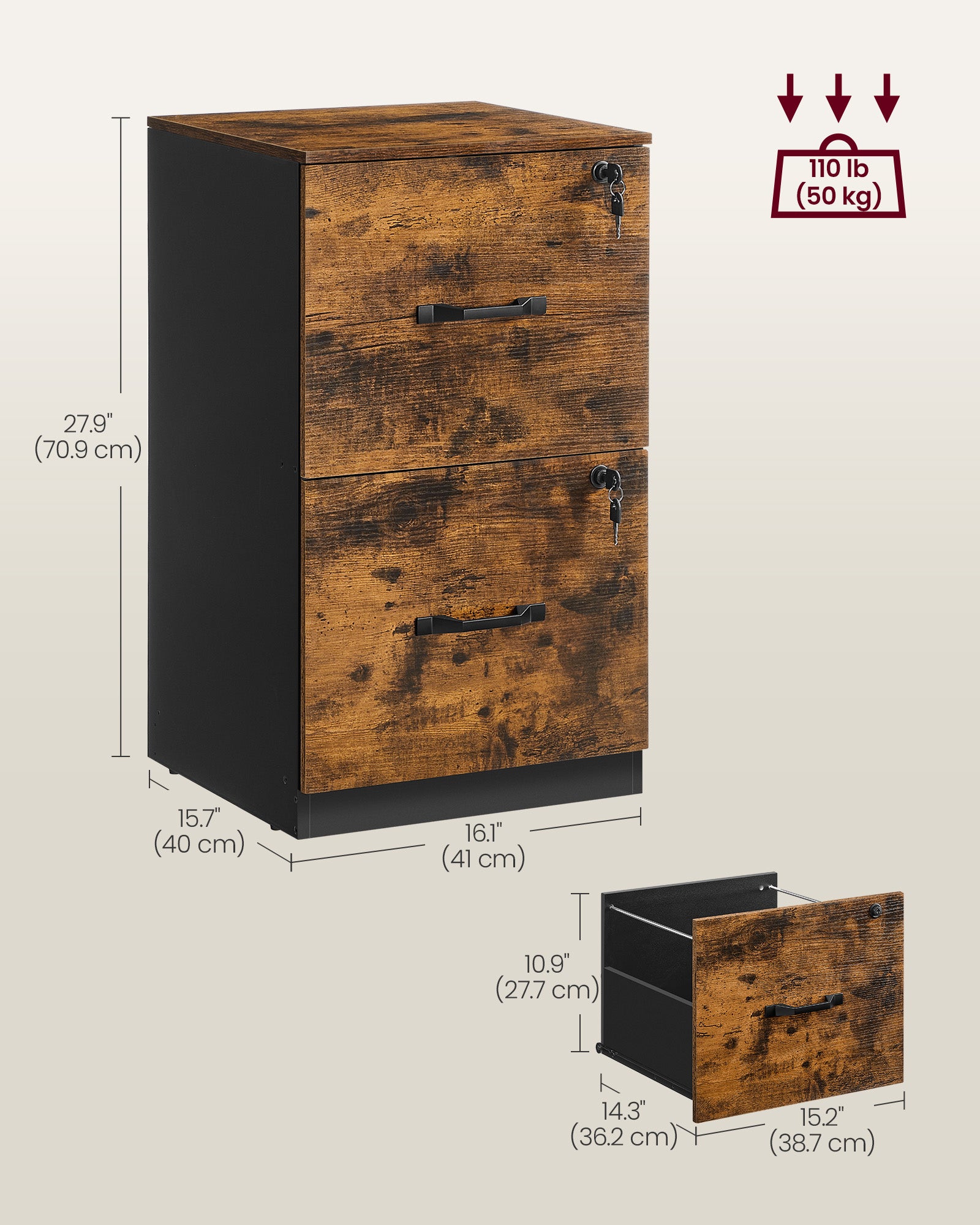 2 Drawers File Cabinet with Lock - Printer Stand - Rustic Brown and Ink Black - Rustic Brown, Black