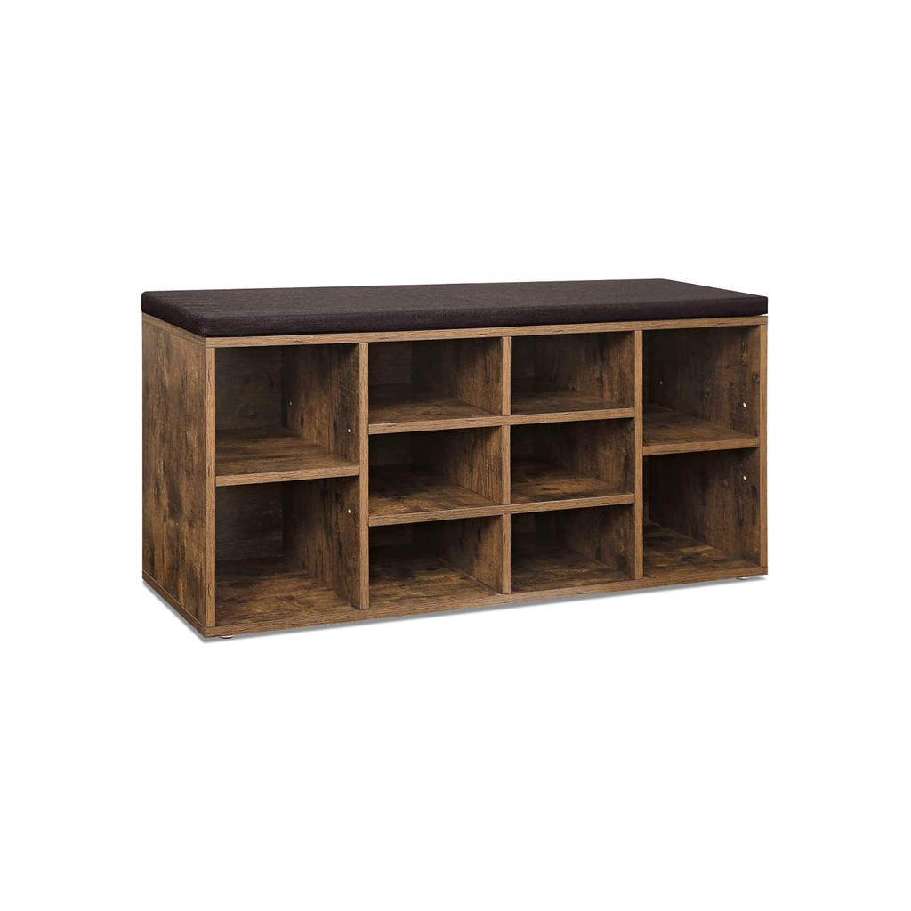 Shoe Bench with Cushion,12 Compartments - Rustic Brown, Chestnut Brown - 11.8"D x 40.9"W x 18.9"H