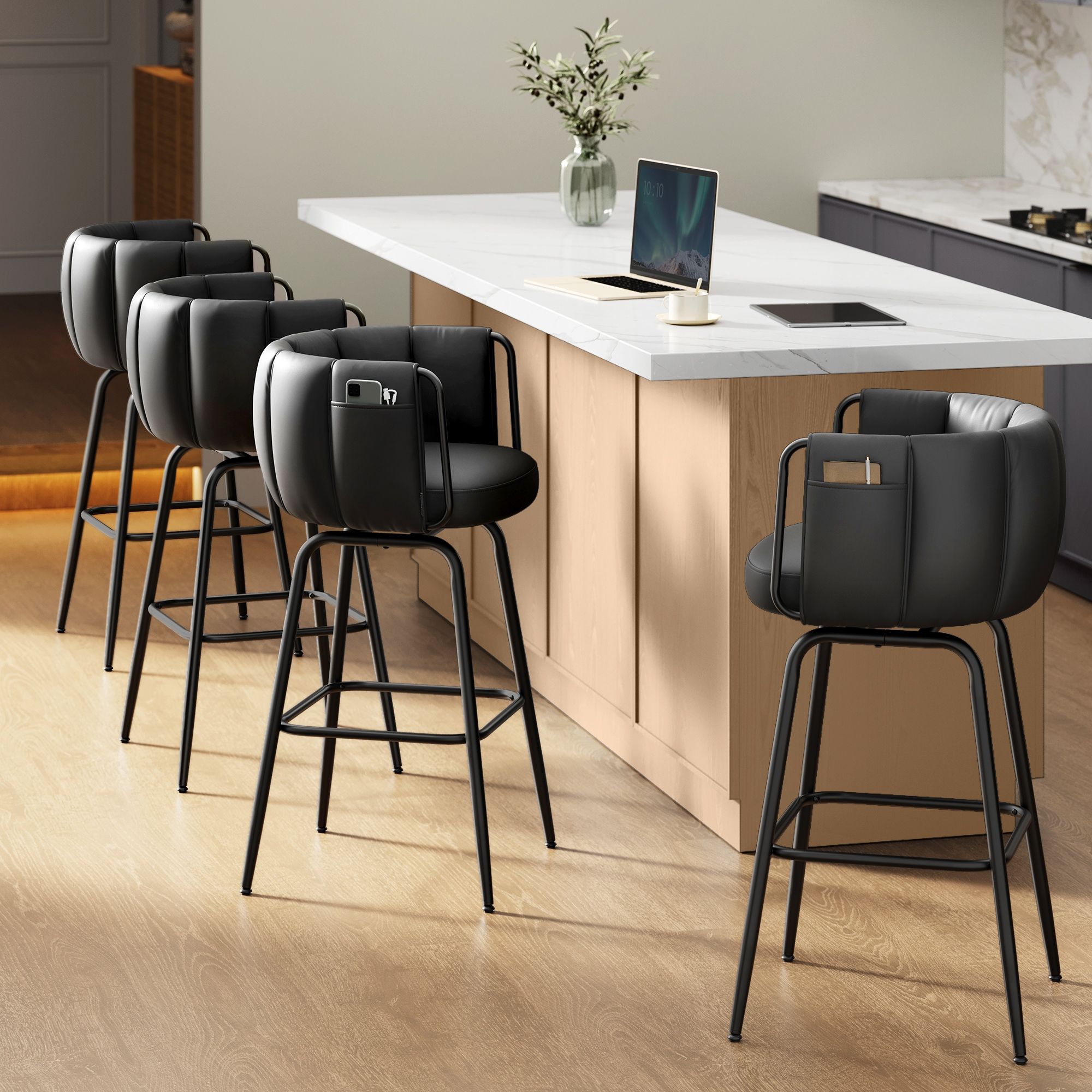 360° Swivel Bar Stools Set of 4 - Barstools with Curved Back,Ink Black