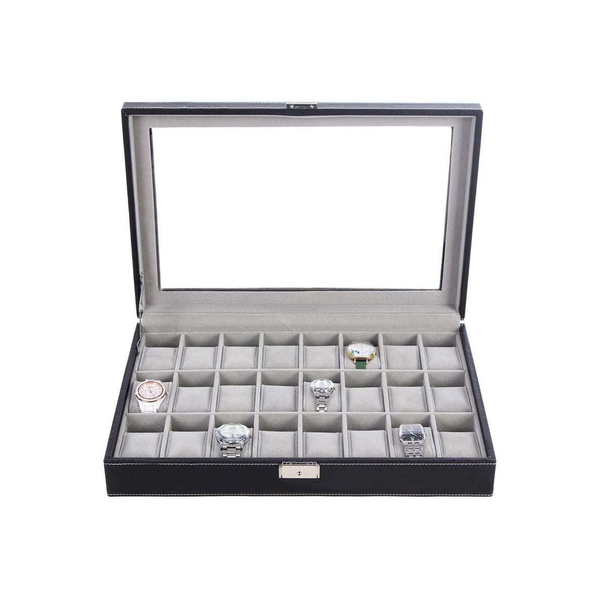 24-Slot Lockable Watch Storage Box with Glass Lid