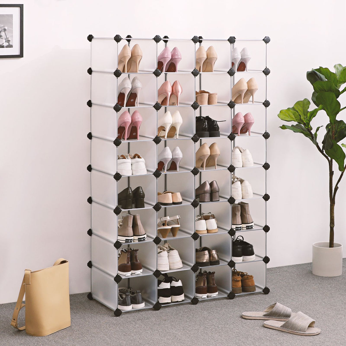 Shoe Rack - 16-Cube - 12 x 35.1 x 27.2 Inches - Transparent