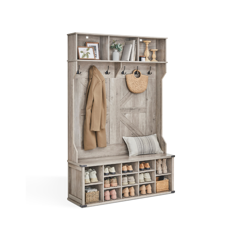 4-in-1 Entryway Hall Tree, Bench, Coat Hooks, Shoe Storage, Overhead Compartments