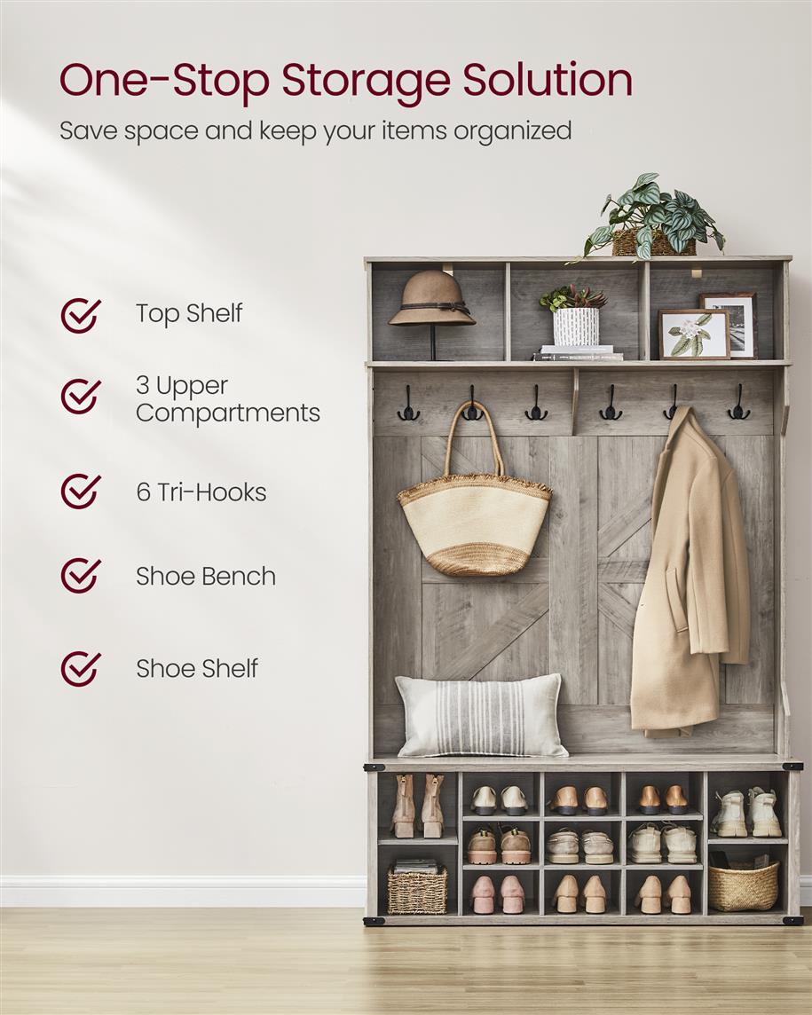 4-in-1 Entryway Hall Tree, Bench, Coat Hooks, Shoe Storage, Overhead Compartments