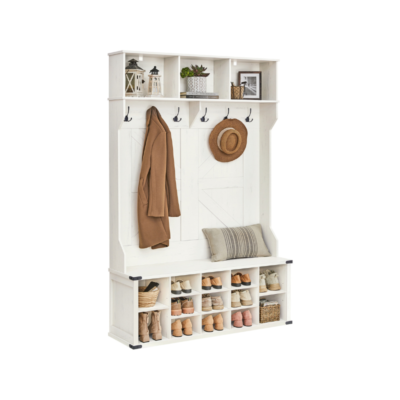 4-in-1 Entryway Hall Tree, Bench, Coat Hooks, Shoe Storage, Overhead Compartments