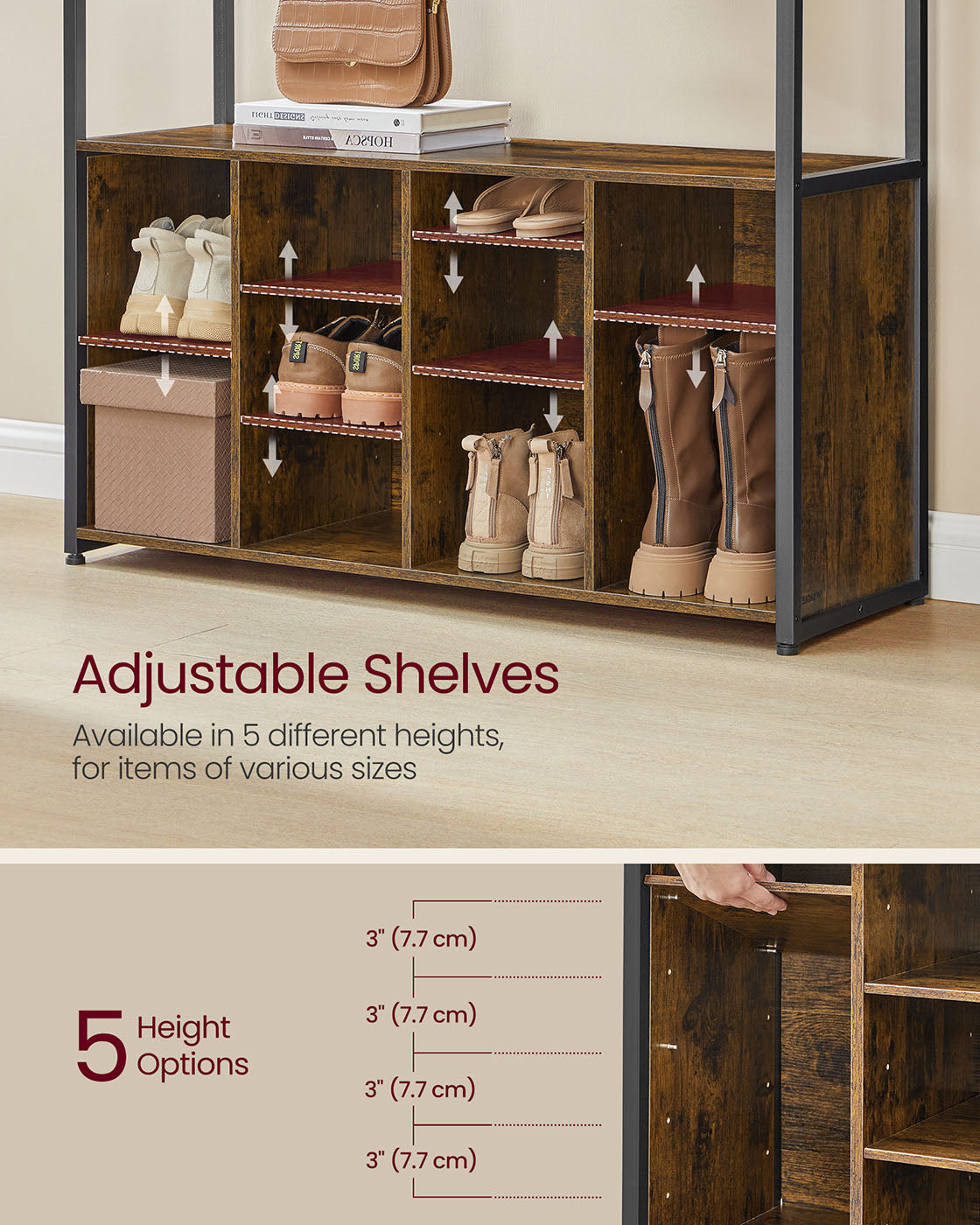 4-in-1 Entryway Hall Tree, Bench, Coat Hooks, Shoe Storage, Top Shelf