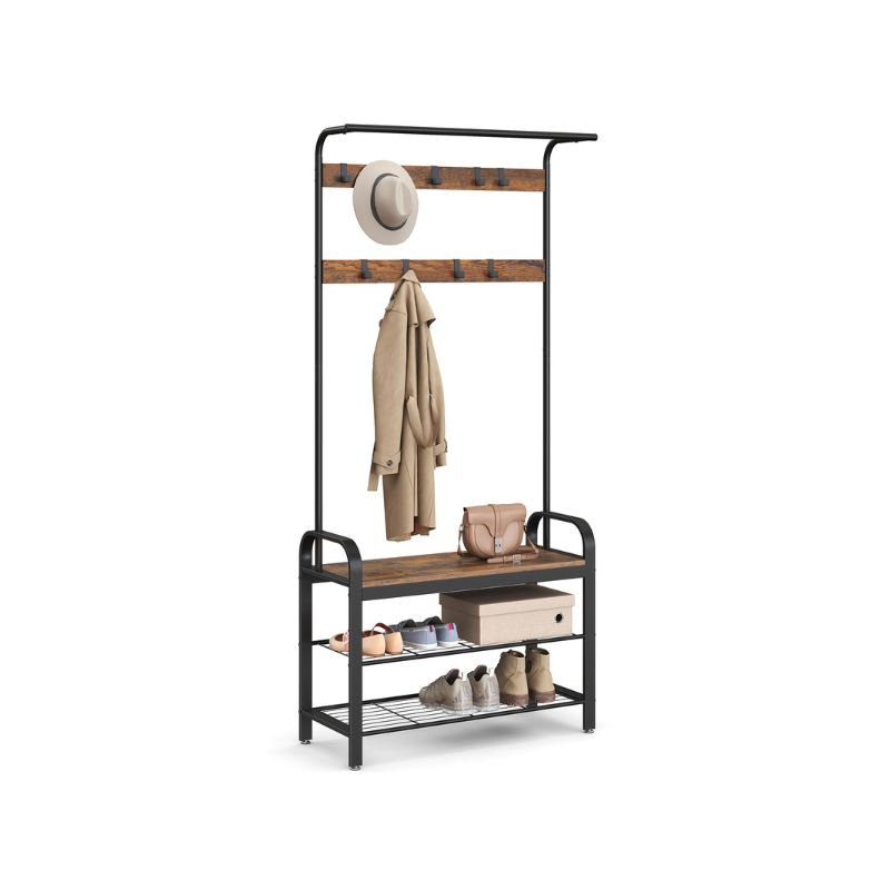 Coat Rack with Shoe Bench for Entryway - Rustic Brown, Black - 13.3"D x 33.1"W x 72.1"H