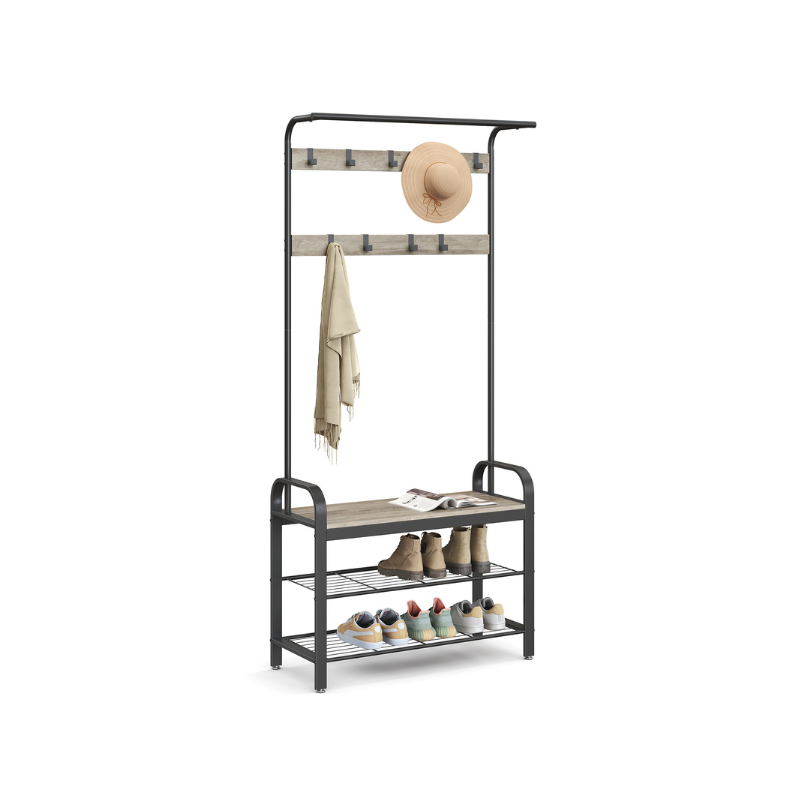 Coat Rack with Shoe Bench for Entryway - Greige, Black - 13.3"D x 33.1"W x 72.1"H