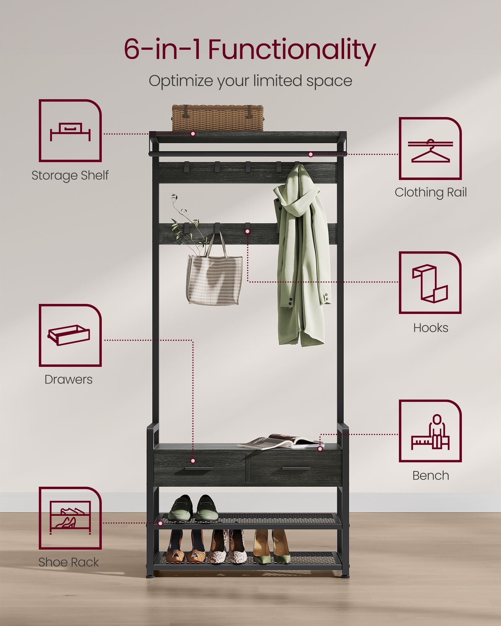 6-in-1 Entryway Hall Tree, Bench, Hooks, Shoe Rack, Drawers, Rail, Shelves