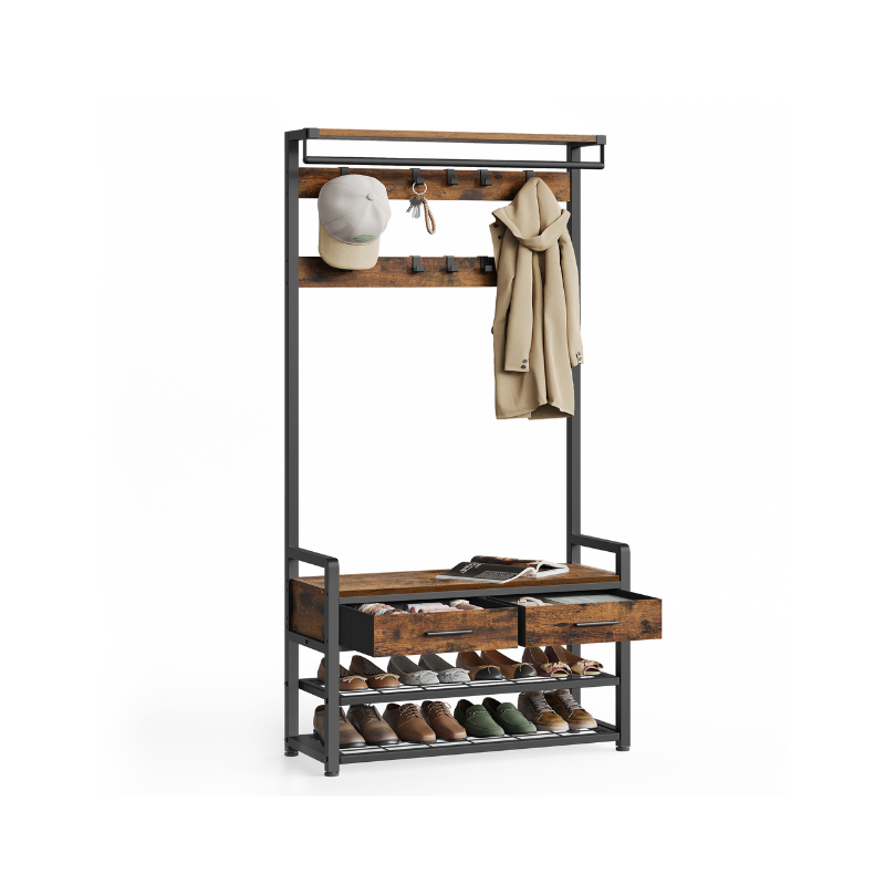 6-in-1 Entryway Hall Tree, Bench, Hooks, Shoe Rack, Drawers, Rail, Shelves