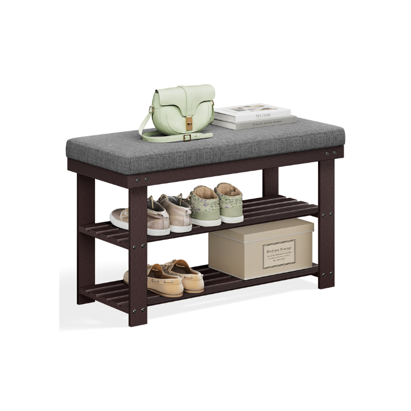 Shoe Organizer with Bench - Brown, Gray - 11.4”D x 28"W x 19.3”H