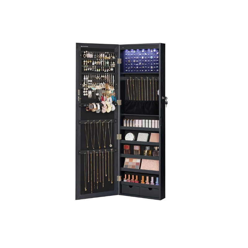 Lockable Wall or Door Mounted Jewelry Armoire Organizer with Mirror - Black