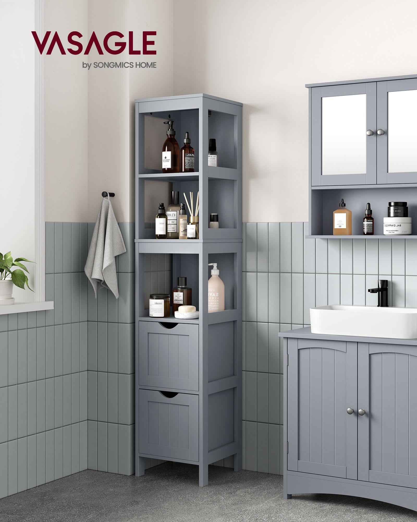 Bathroom Floor Cabinet with 2 Removable Drawers - Dove Grey